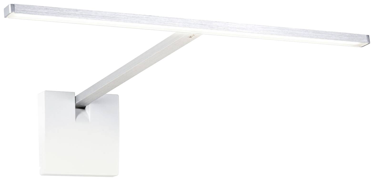 Moderní LED nástěnná lampa s dlouhým, horizontálním osvětlovacím prvkem a čtvercovou nástěnnou konzolí ve stříbrné barvě.