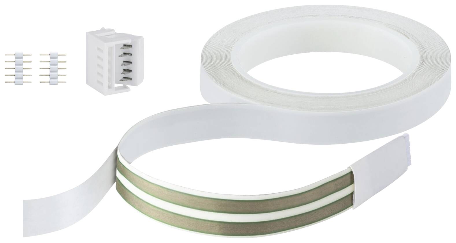 Flexibilní LED pásek s konektory a příslušenstvím, připravený k použití v projektech vnitřního osvětlení.