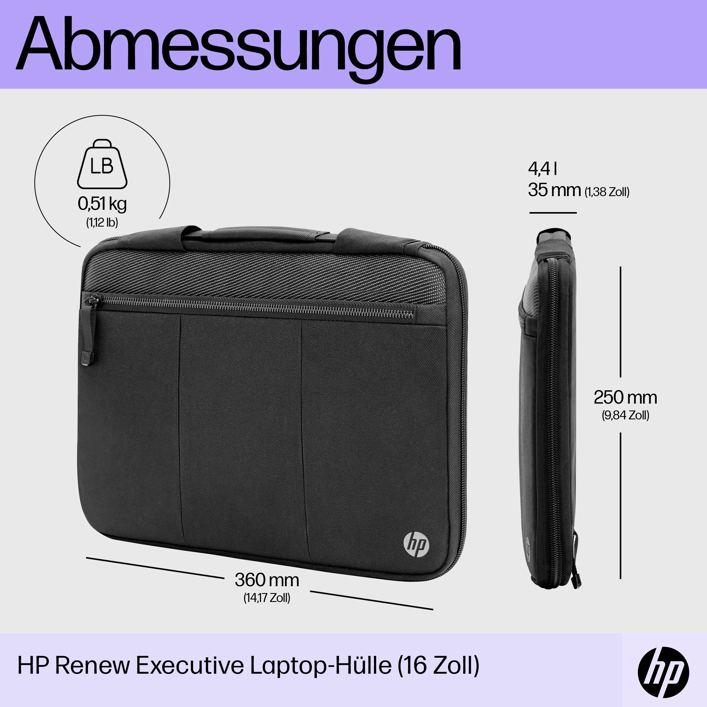 Černé pouzdro na notebook od HP. Rozměry: 360 mm šířka, 250 mm výška, 44 mm hloubka. Hmotnost: 0,51 kg. Pouzdro pro 16palcový notebook.
