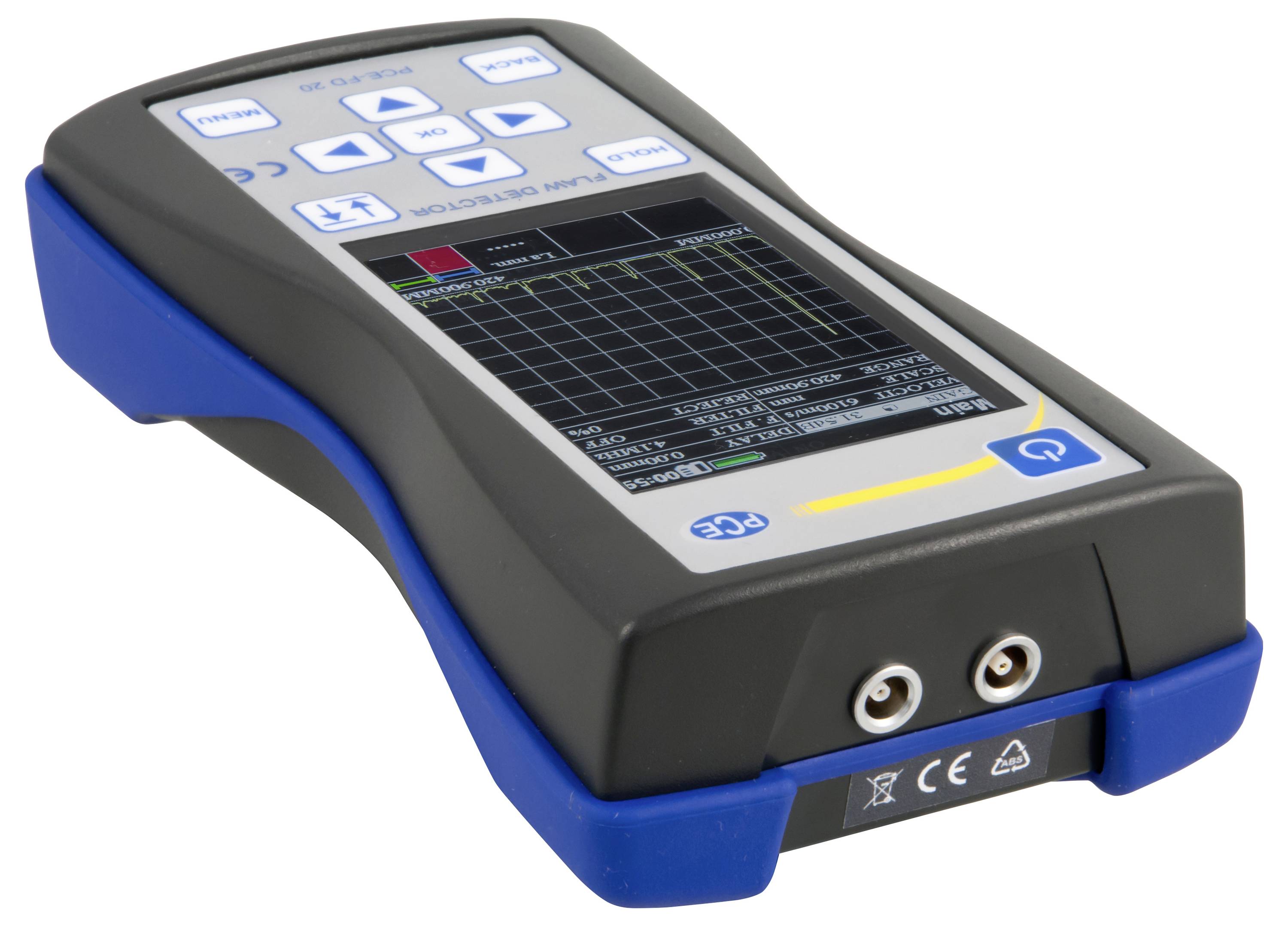 Přenosný elektronický testovací měřič s barevným displejem, klávesnicí a dvěma předními porty pro měření nebo diagnostiku zařízení.