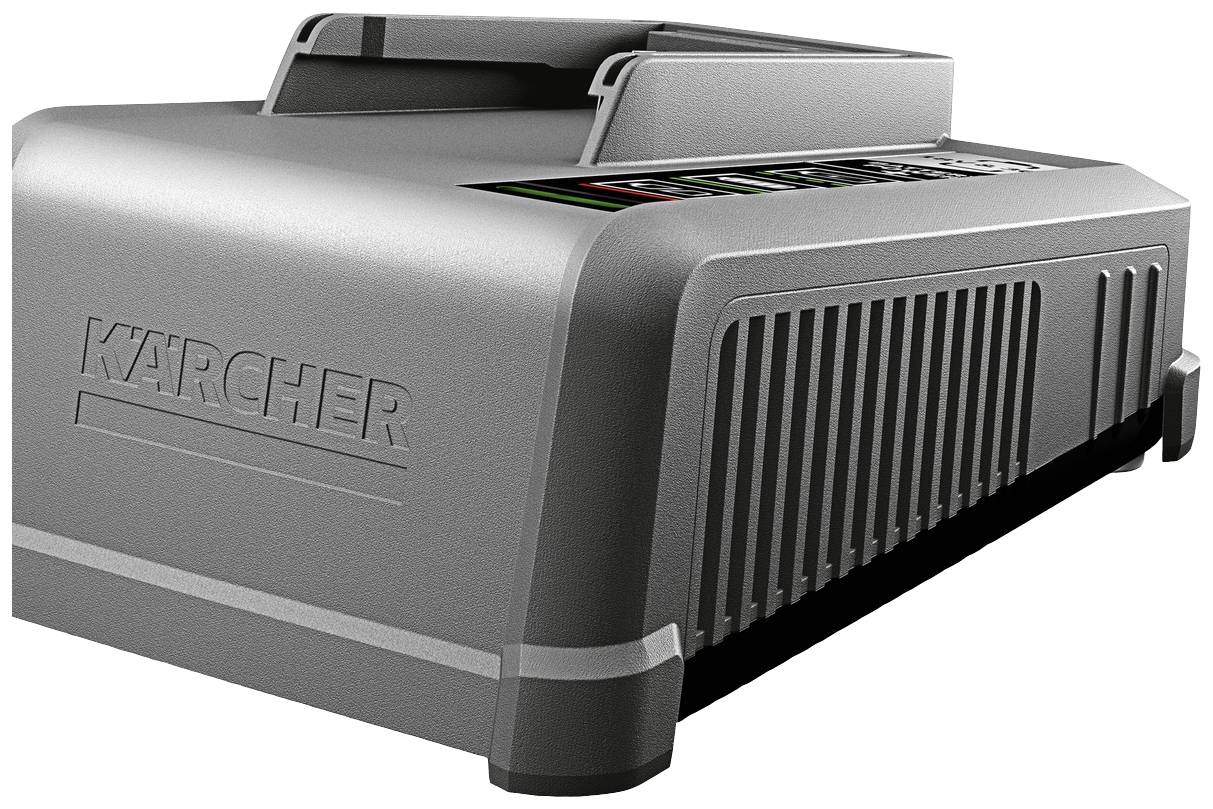 Šedá nabíječka Kärcher, pohled z boku s větracími otvory. Nahoře se nachází LED panel pro zobrazení stavu nabíjení.