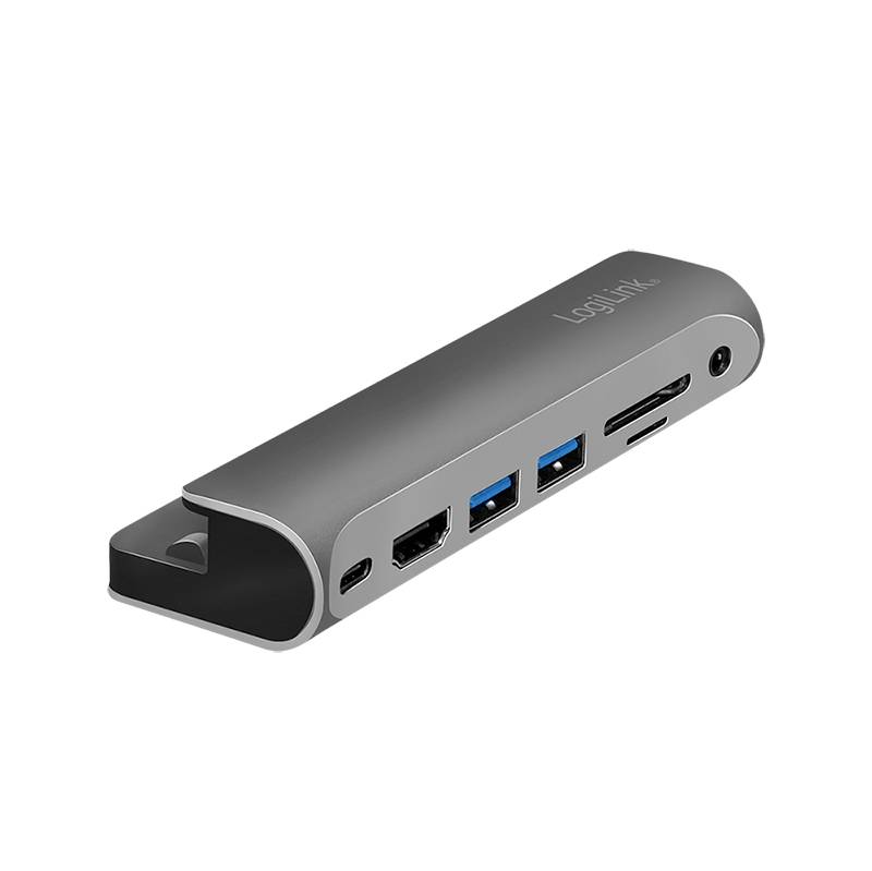 Šedý USB hub s několika porty, včetně dvou USB 3.0 portů, HDMI, čtečky SD karet a USB-C portu.