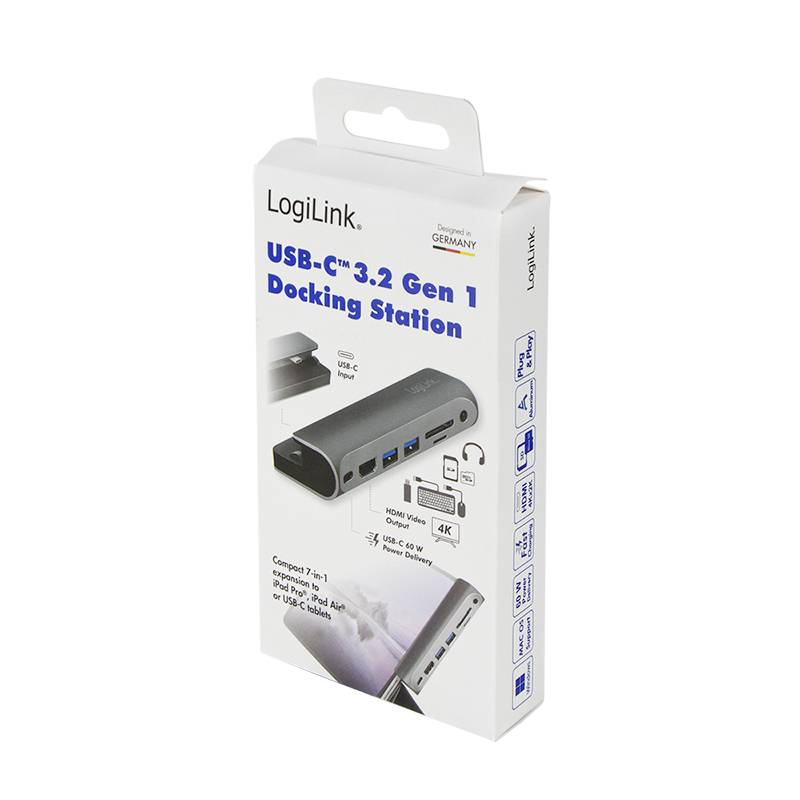 USB-C dokovací stanice LogiLink v obalu s vyobrazením produktu, kompatibilními porty a funkčními detaily, jako je například podpora 4K videa.