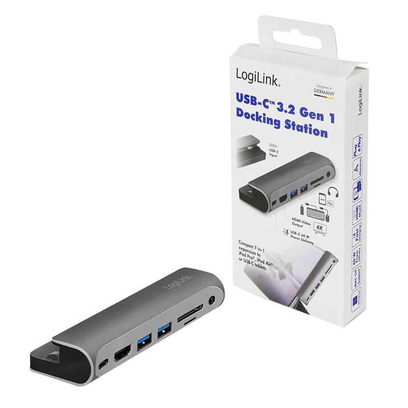 Obrázek zobrazuje dokovací stanici LogiLink USB-C 3.2 Gen 1 a její obal. Zařízení nabízí rozhraní HDMI, USB-A, USB-C a čtečku karet.