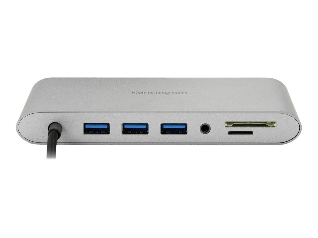 Stříbrný USB hub se třemi USB porty, čtečkou SD karet a audiokonektorem, pohled zepředu.