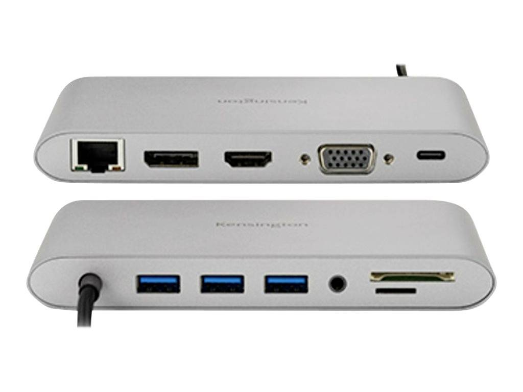 Dvě stříbrné dokovací stanice s různými porty: Ethernet, HDMI, VGA, USB-C, 3x USB-A a čtečka SD karet.