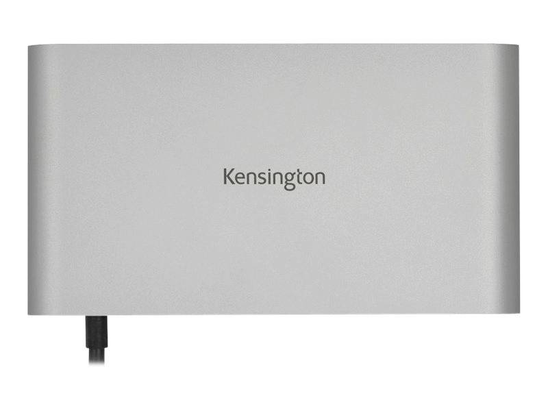 Stříbrný dok Kensington s elegantním designem a černým připojovacím kabelem.