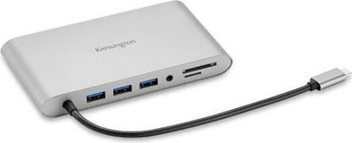 Plochý, stříbrný USB hub se třemi USB porty, audiokonektorem a slotem na paměťovou kartu. Součástí je USB-C kabel.