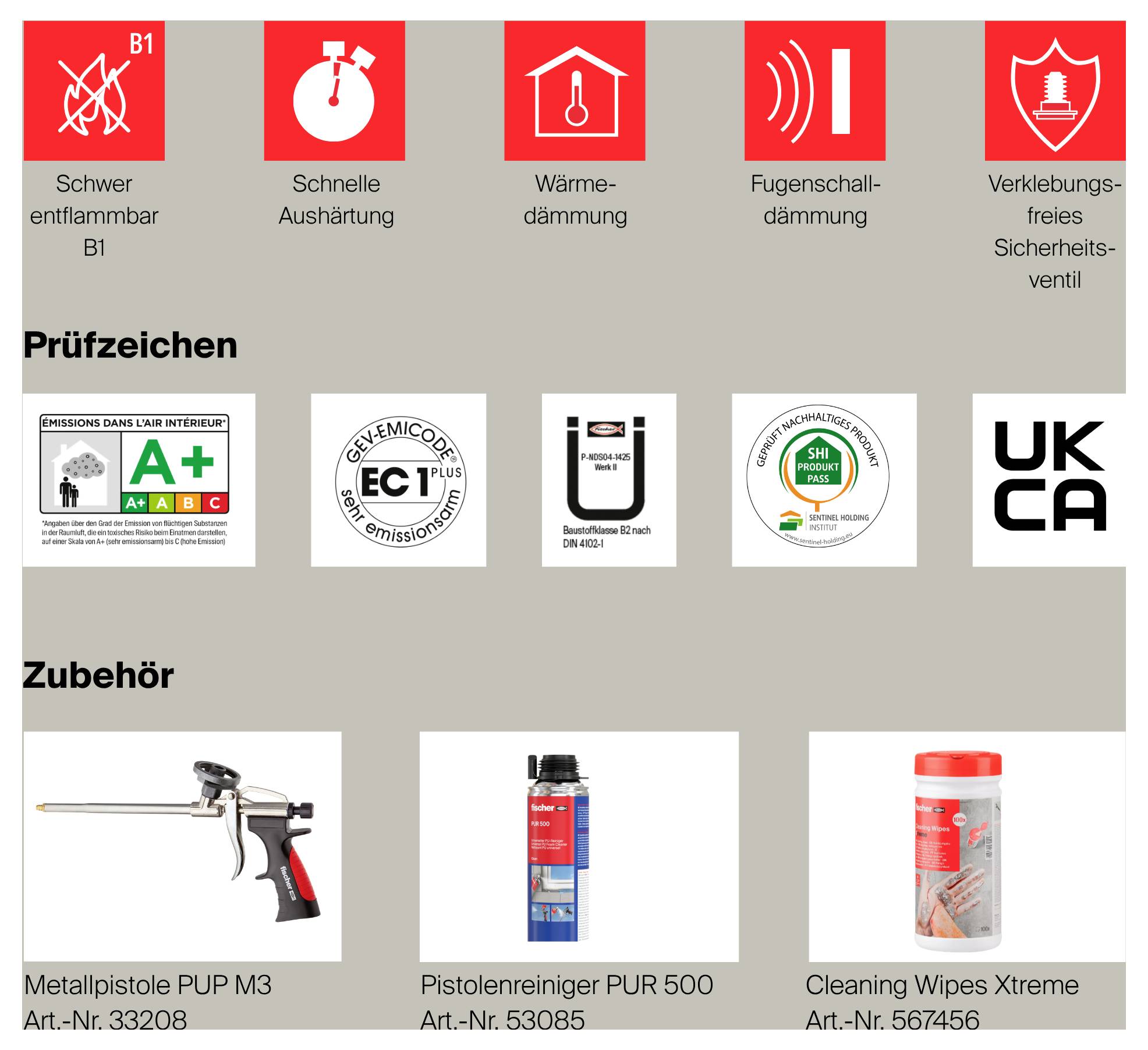Přehled produktu s vlastnostmi nahoře: těžko vznětlivý B1, rychlé vytvrzení, tepelná a spárovací zvuková izolace, bezpečnostní ventil bez lepení; pod tím zkušební razítka a příslušenství.