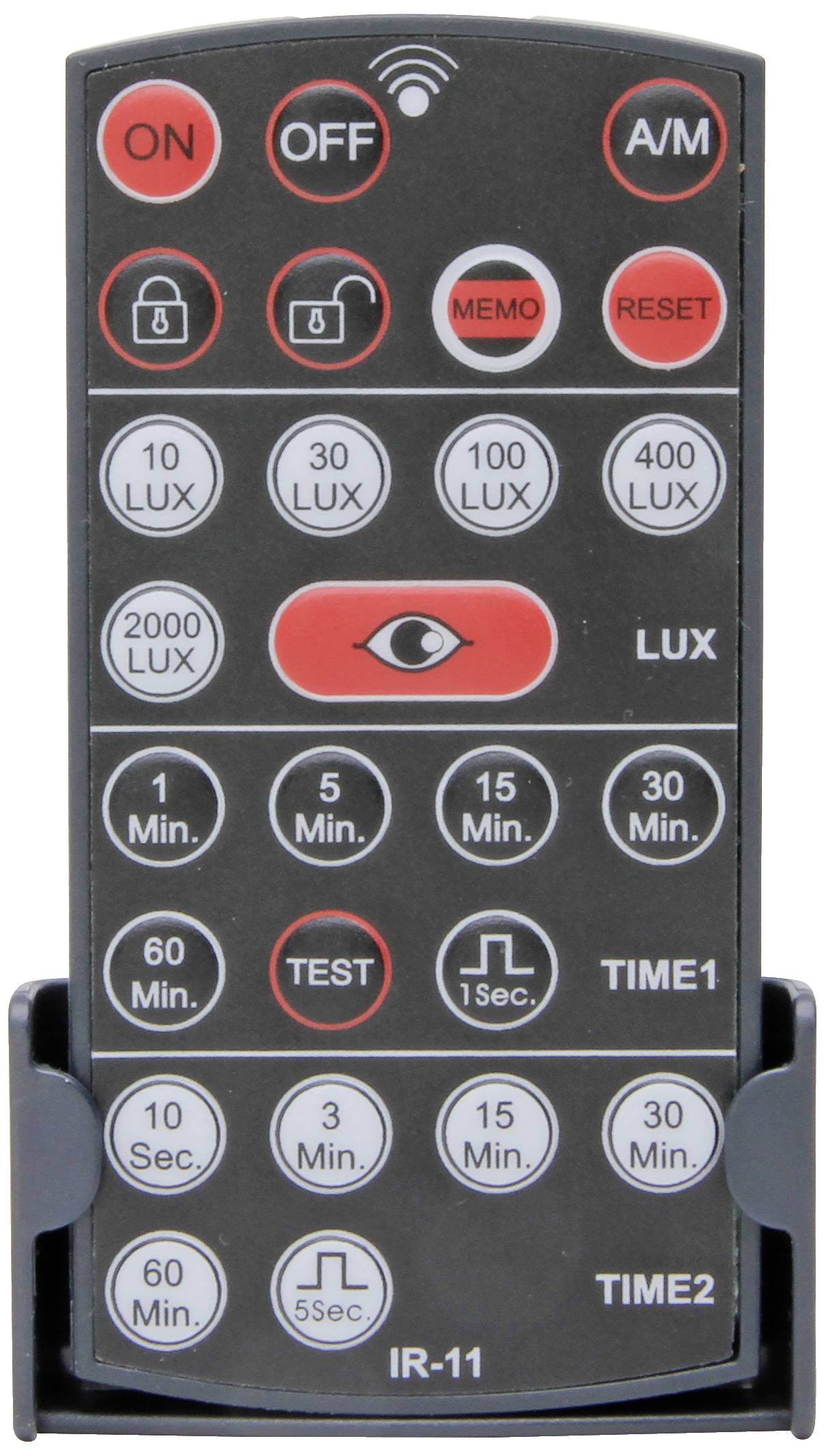 Černošedý dálkový ovladač s červenými a šedými tlačítky pro ovládání osvětlení. Funkce: Zapnuto/Vypnuto, nastavení intenzity osvětlení a časovače, testovací režim.