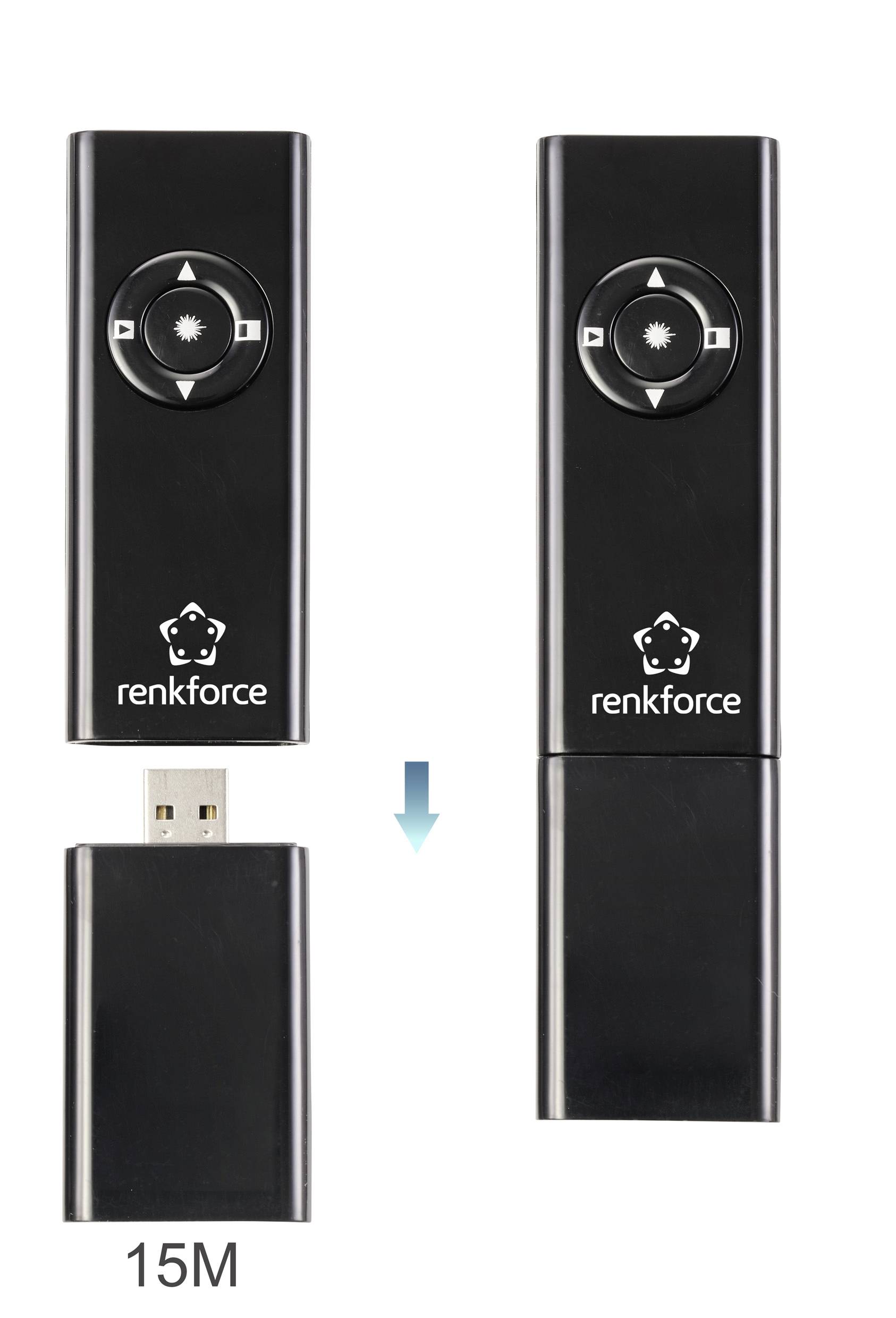 Dvě černé dálkové ovladače Renkforce. Jeden ukazuje vyjímatelný USB konektor. Nahoře: ovládací křížový ovladač, logo. Dole: '15M'.