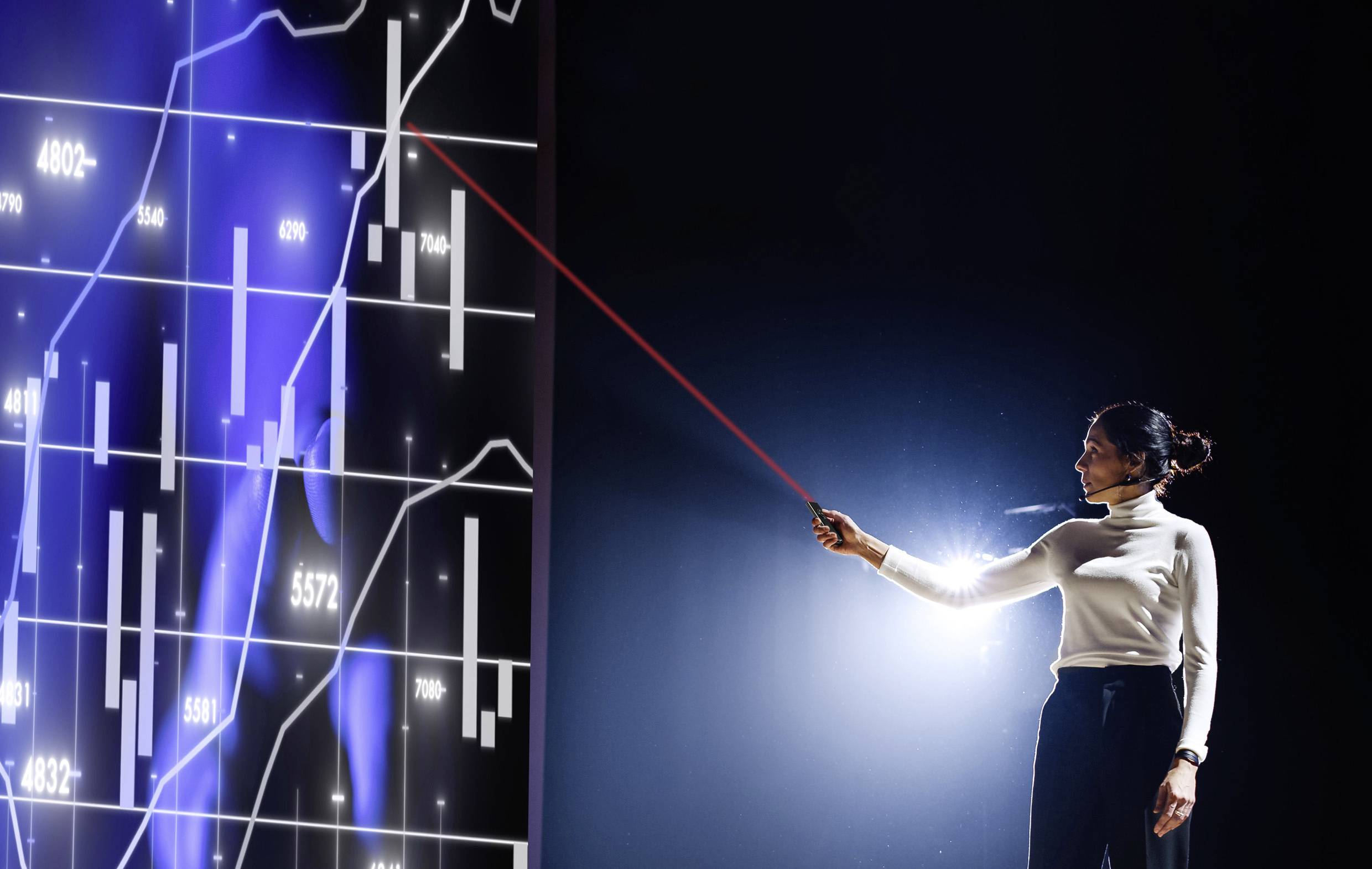 Žena ukazuje laserovým ukazovátkem na digitální diagram s grafy a křivkami, který zřejmě znázorňuje finanční data.