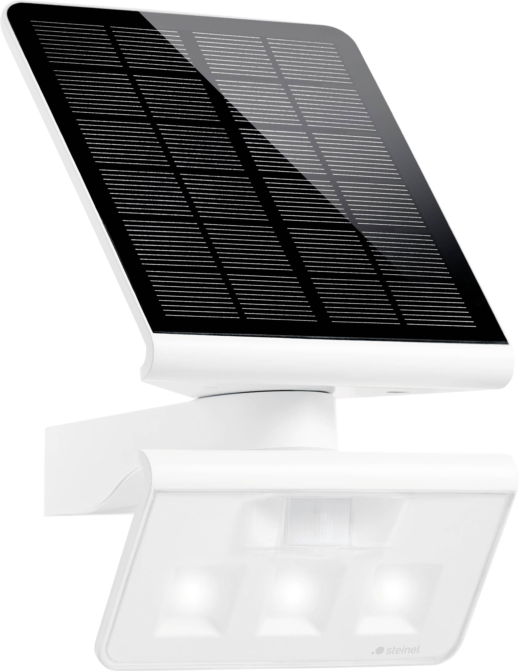 Solárně napájené světlo s čidlem pohybu a nakloněným fotovoltaickým panelem namontovaným nad bílým LED reflektorem.