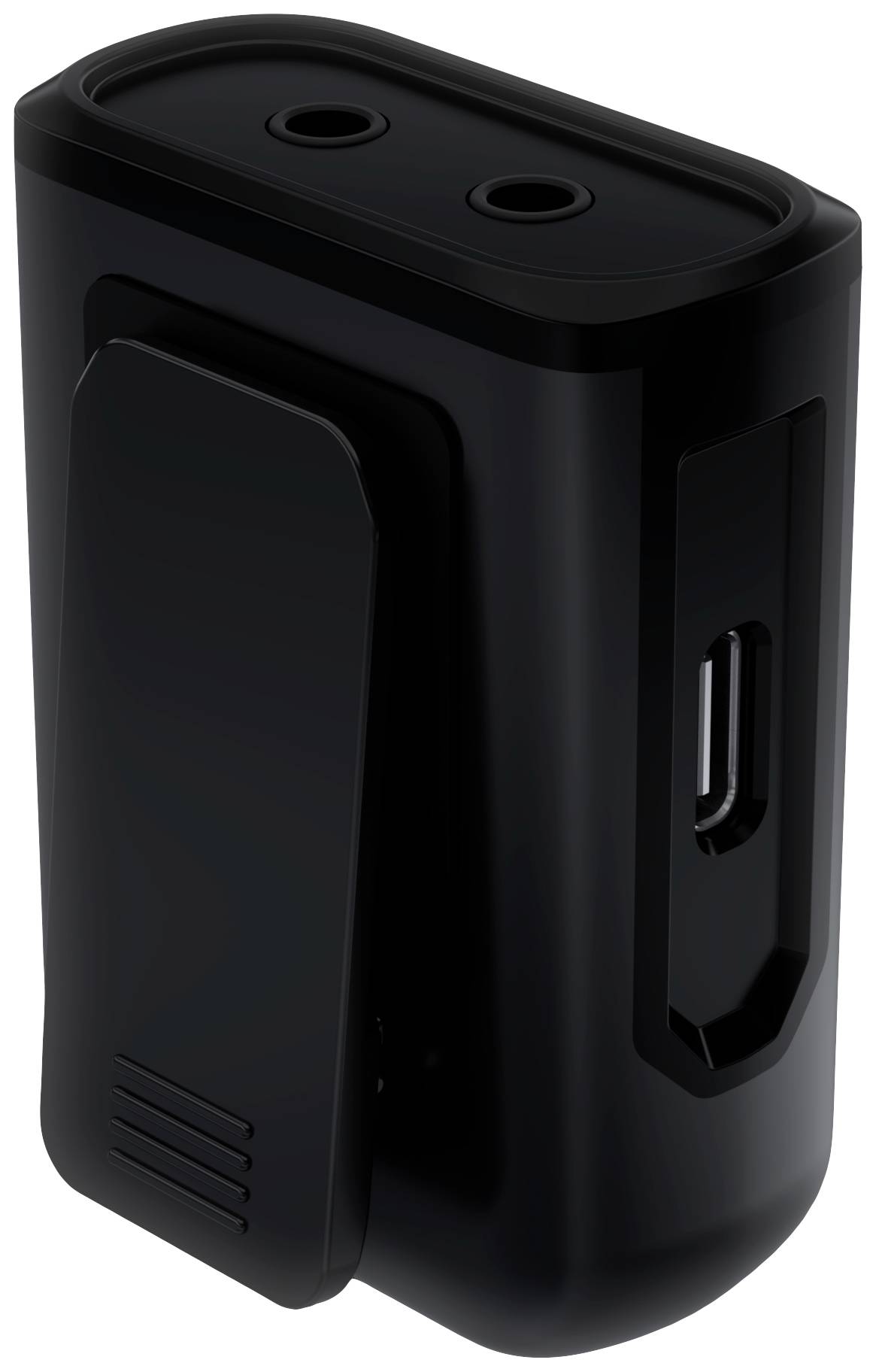 Černý, obdélníkový klip se dvěma otvory nahoře a bočním USB-C portem; může se jednat o držák.