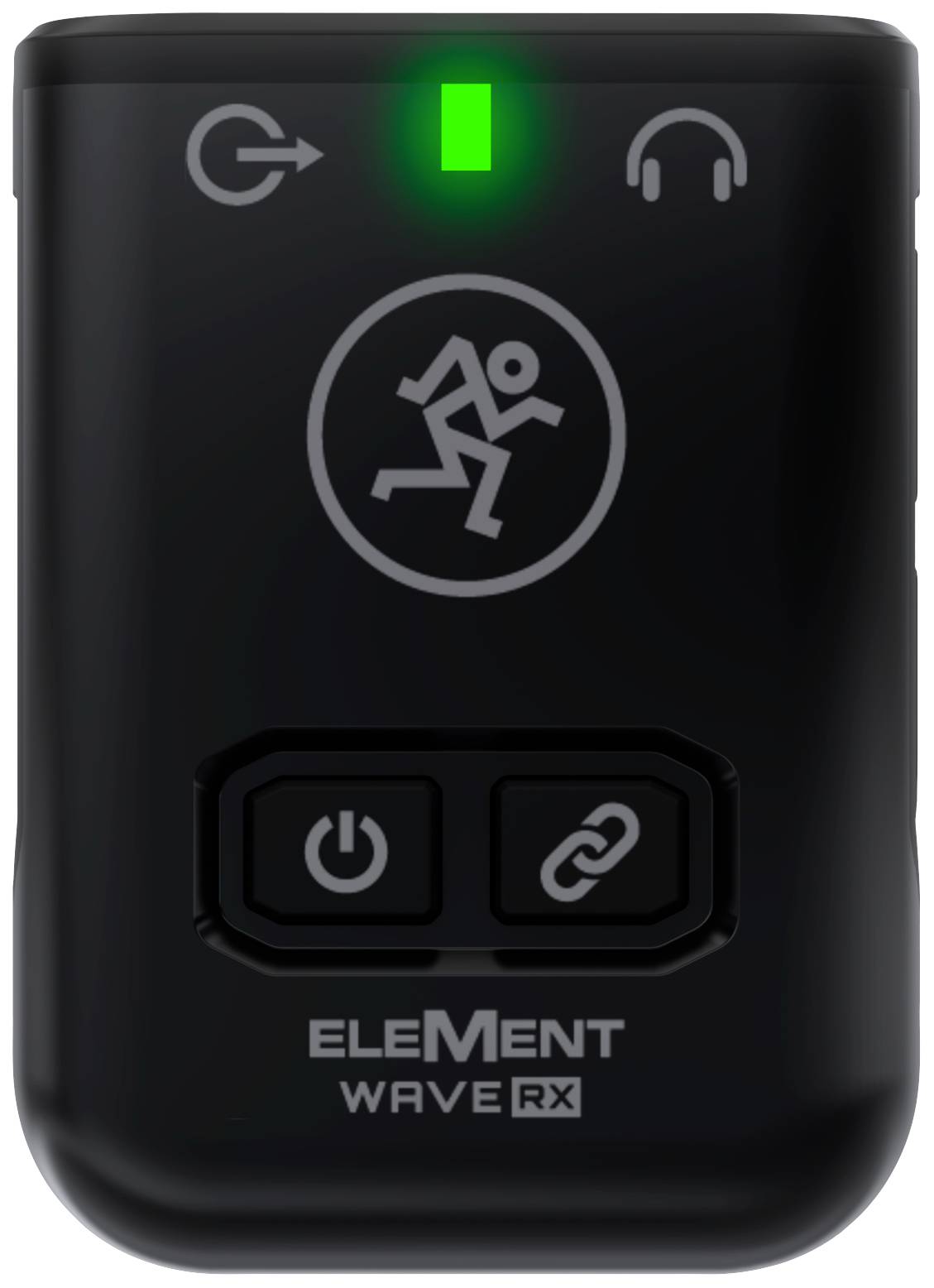 Černé elektronické zařízení s jasně zeleným světlem, symbolem pohybu a ovládacími tlačítky pod ním.