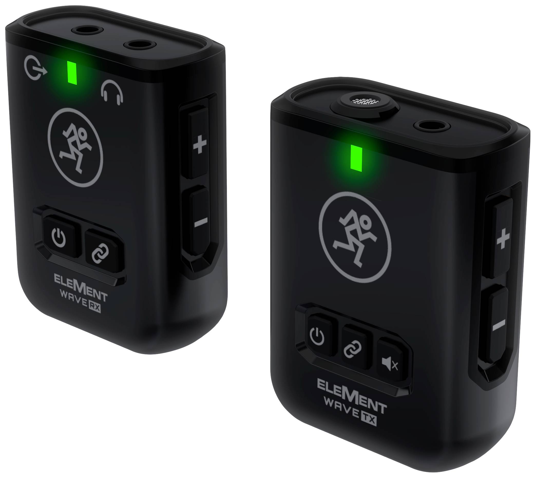 Dva kompaktní, černé bezdrátové mikrofony a přijímací jednotky s ovládacími prvky a symboly pro audioprvky a párování.