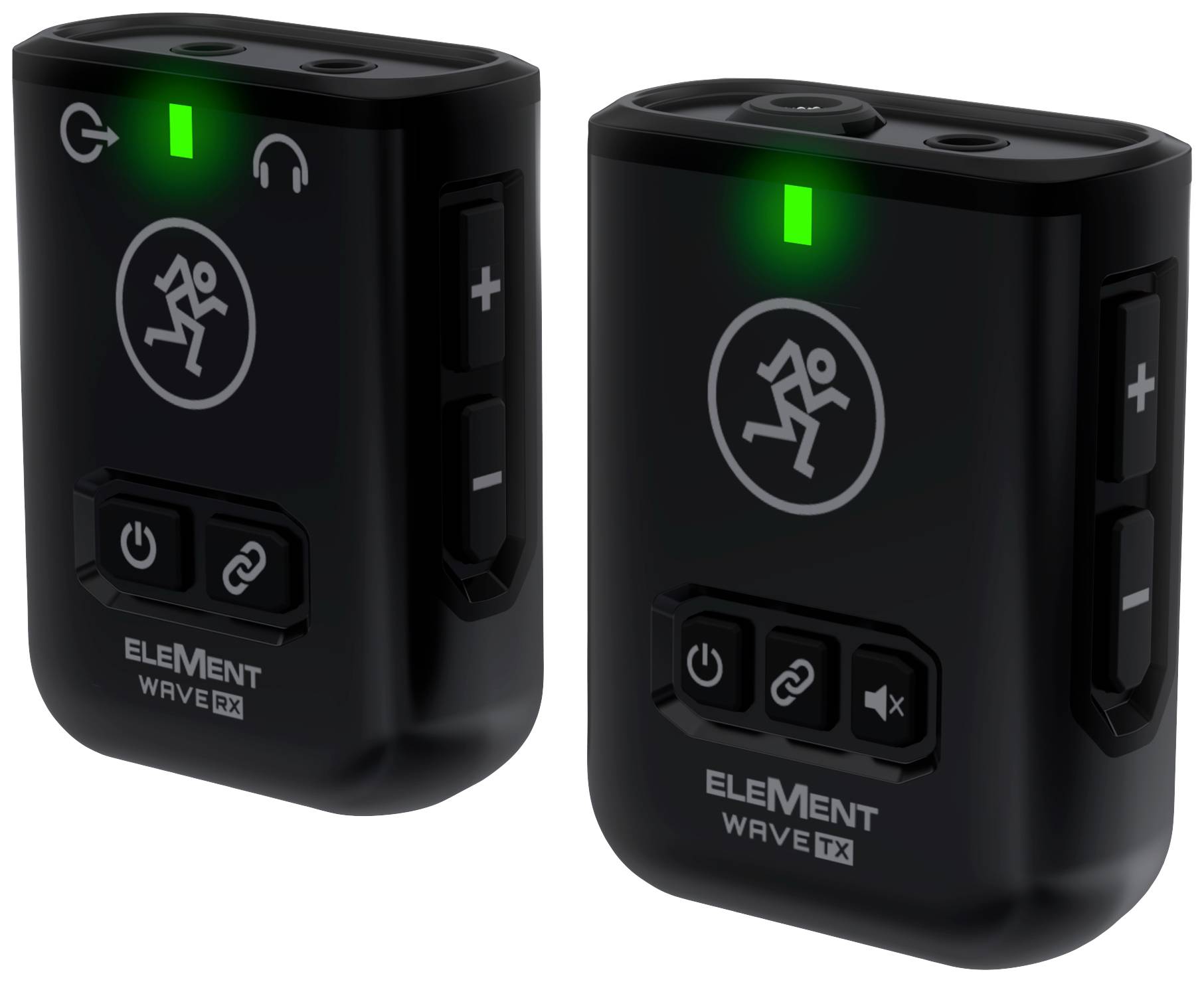 Dva černé elektronické přístroje se symboly pro audio, každý s osvětleným zeleným kontrolním světlem a ovládacími prvky po stranách.