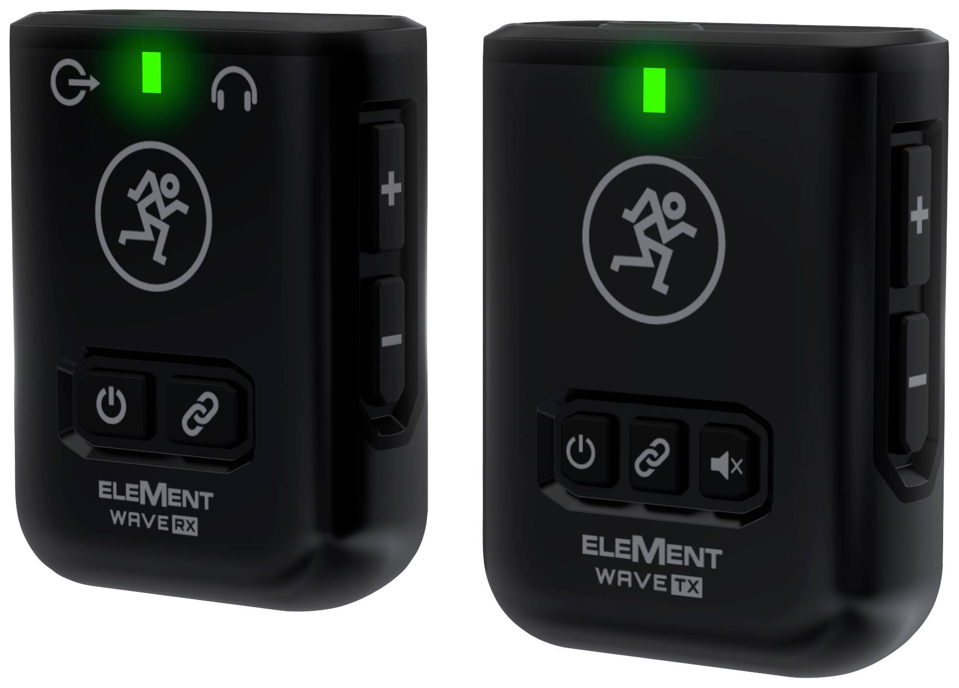 Dva černé bezdrátové audiopřístroje, jeden označený "RX", druhý "TX". Oba mají ovládací tlačítka a zelené LED indikátory.