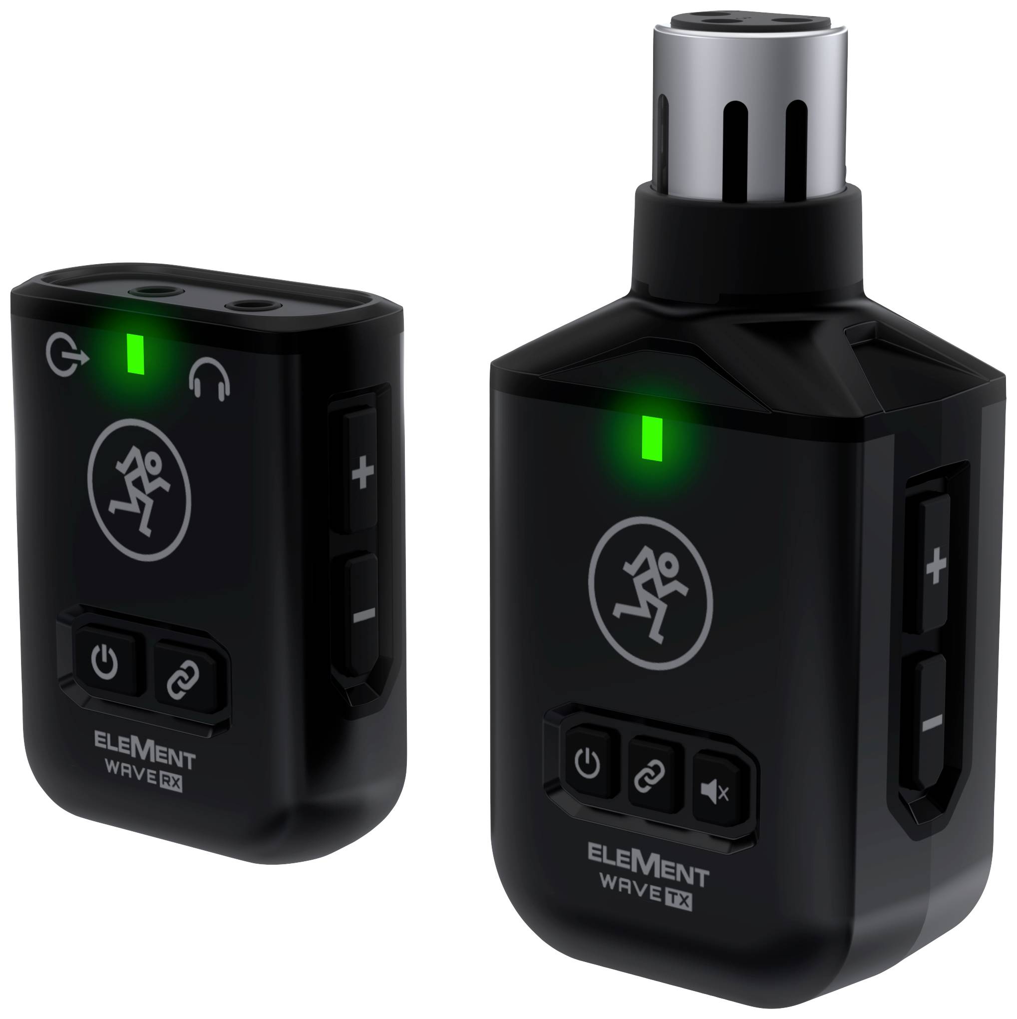 Dva černé elektronické přístroje se symboly a světelným indikátorem, pravděpodobně audiosystém. Vlevo: symboly hlasitosti a sluchátek, vpravo: symbol zapnutí/vypnutí a zelené světlo.