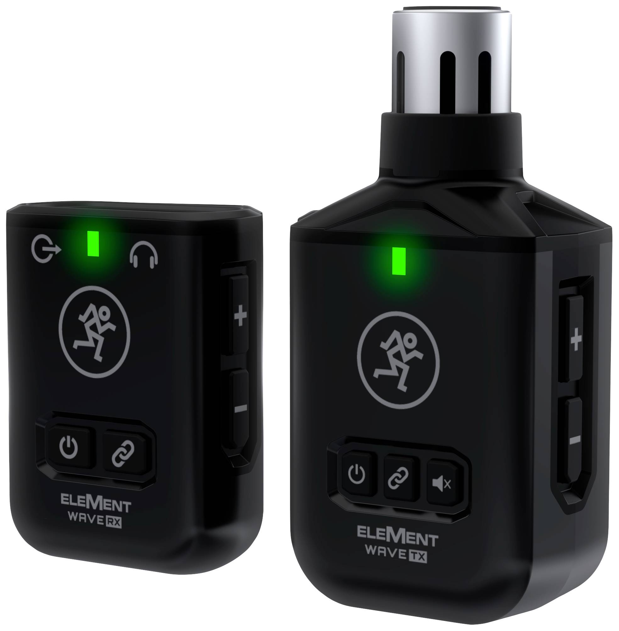 Černé bezdrátové jednotky pro přenos a příjem audia s LED indikátory a ovládacími tlačítky, vhodné pro bezdrátové mikrofonní připojení.