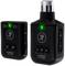 Černé bezdrátové jednotky pro přenos a příjem audia s LED indikátory a ovládacími tlačítky, vhodné pro bezdrátové mikrofonní připojení.