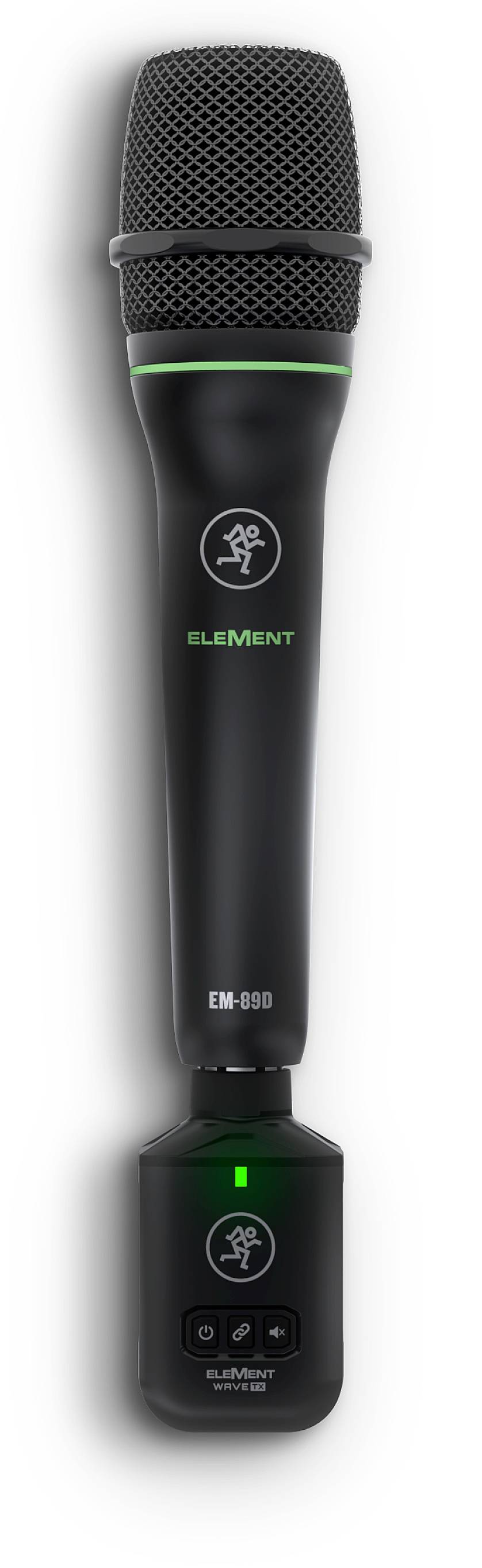 Černý mikrofon se zeleným akcentem a nápisem 'ELEMENT' na straně, na bílém pozadí.