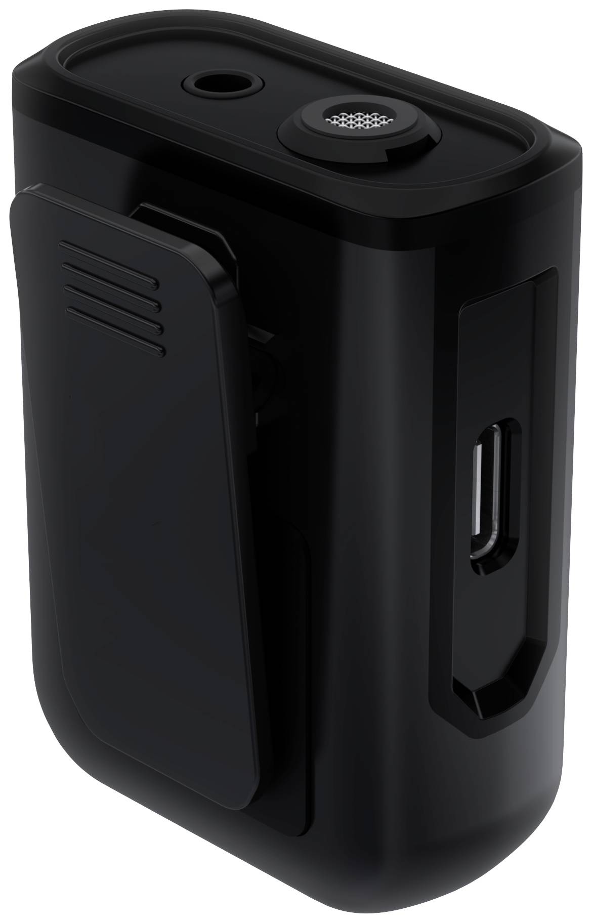 Černé přenosné audiozařízení s klipem a USB portem.