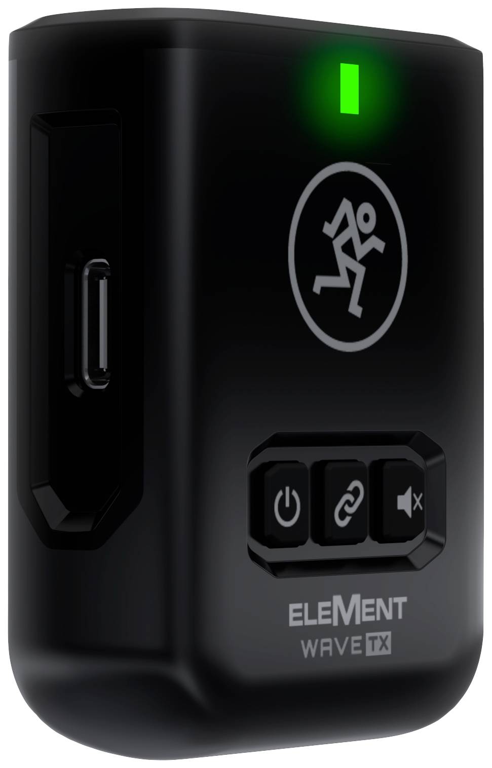Černé elektronické zařízení s podsvíceným displejem a třemi tlačítky na přední straně, pod nimiž je nápis 'ELEMent WAVE TX' v bílém textu.