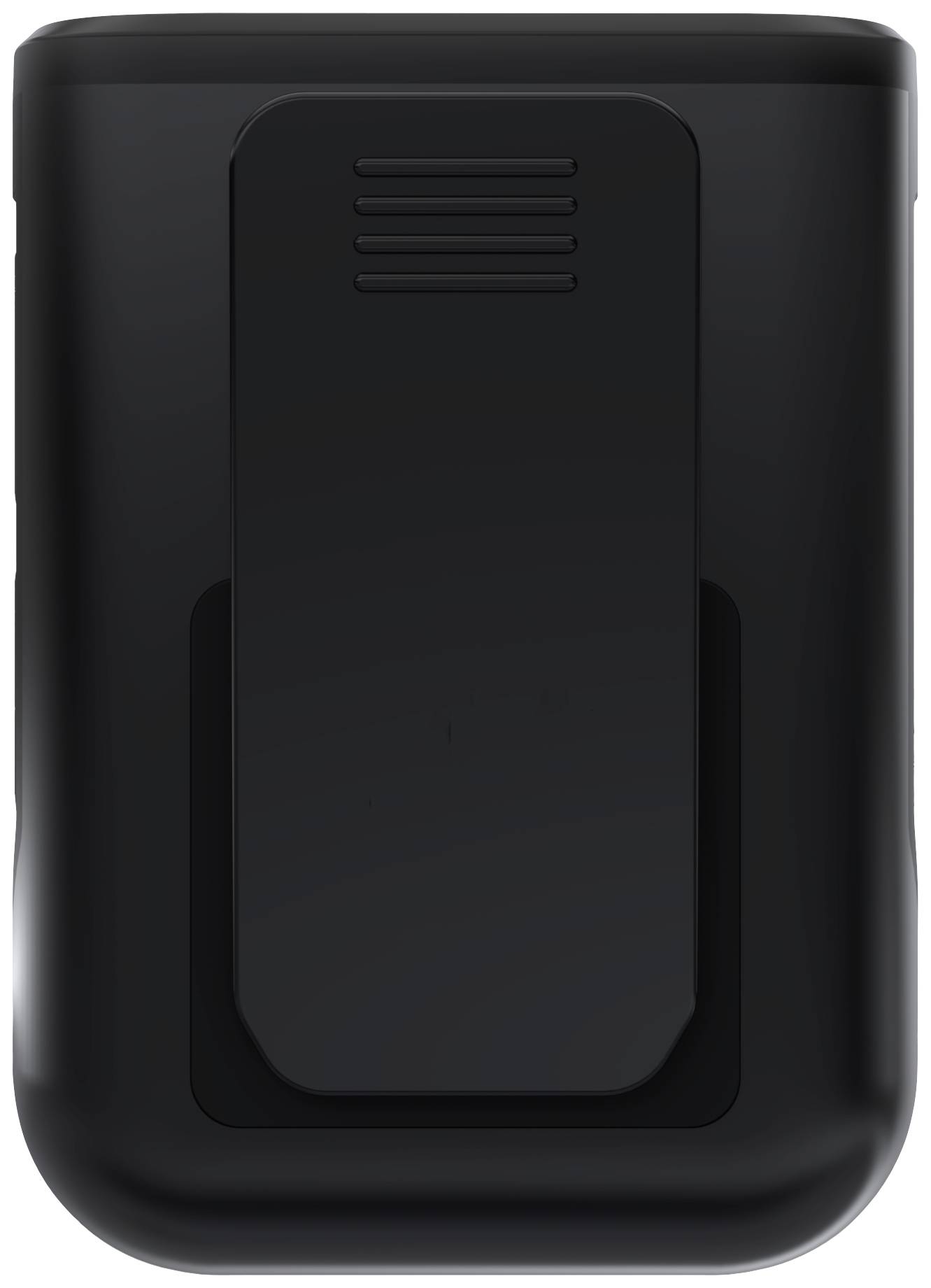 Černé elektronické zařízení s klipem na zadní straně, pravděpodobně přenosná powerbanka nebo podobný doplněk.