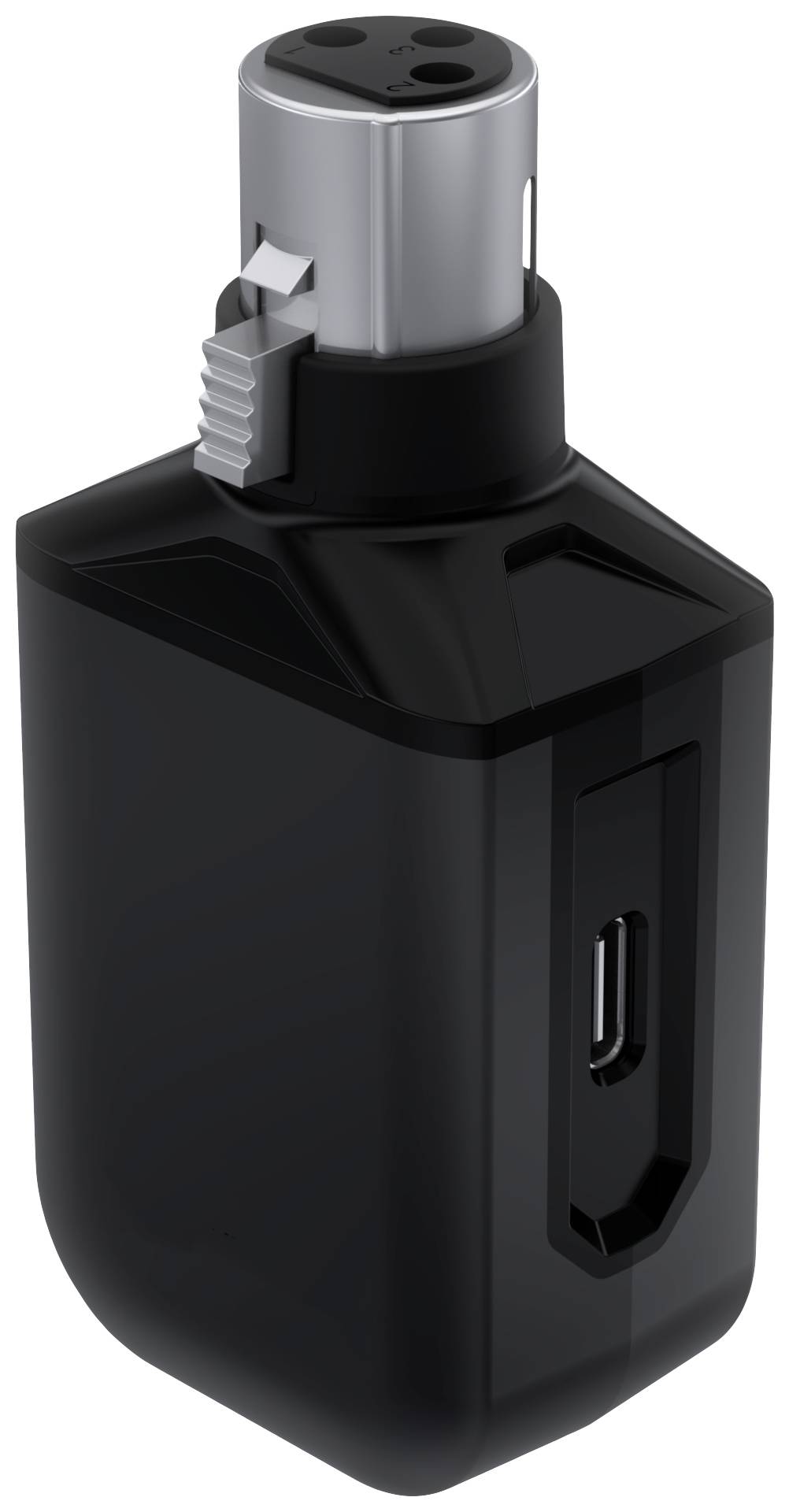 Černé, obdélníkové elektronické zařízení s USB-C portem a stříbrným válcovitým nástavcem, pravděpodobně zapalovač.