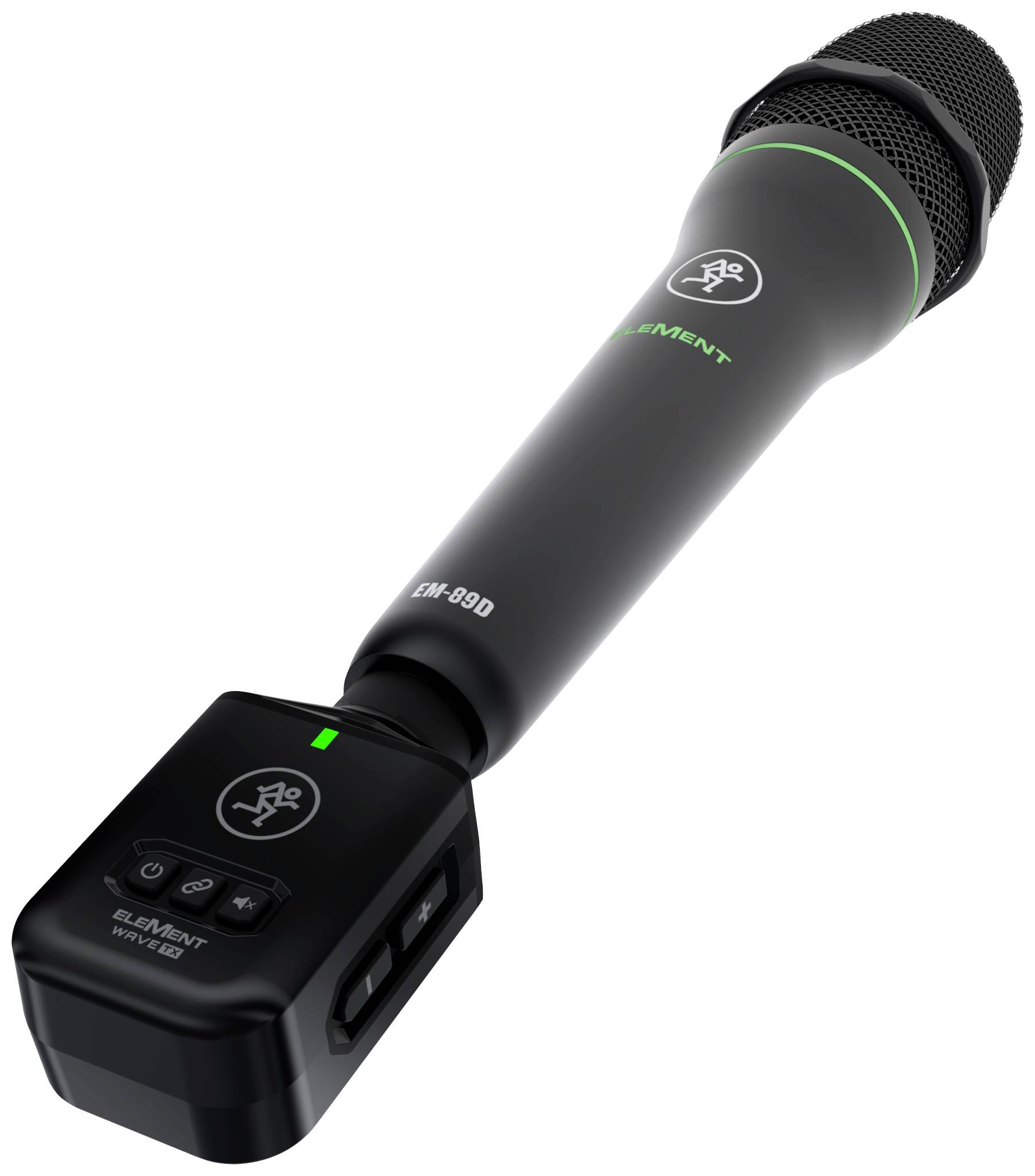 Černý ruční mikrofon s integrovaným vysílačem a indikátory, vhodný pro bezdrátový přenos zvuku při událostech.