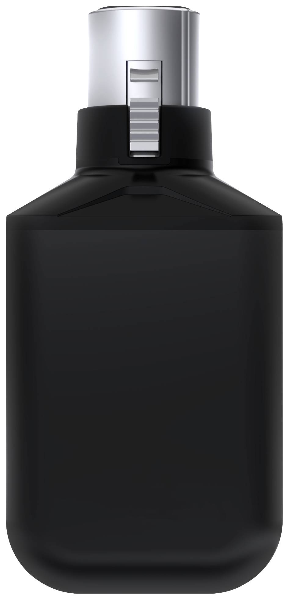 Černá sprejová láhev se stříbrným rozprašovačem, vyřazená před bílým pozadím.