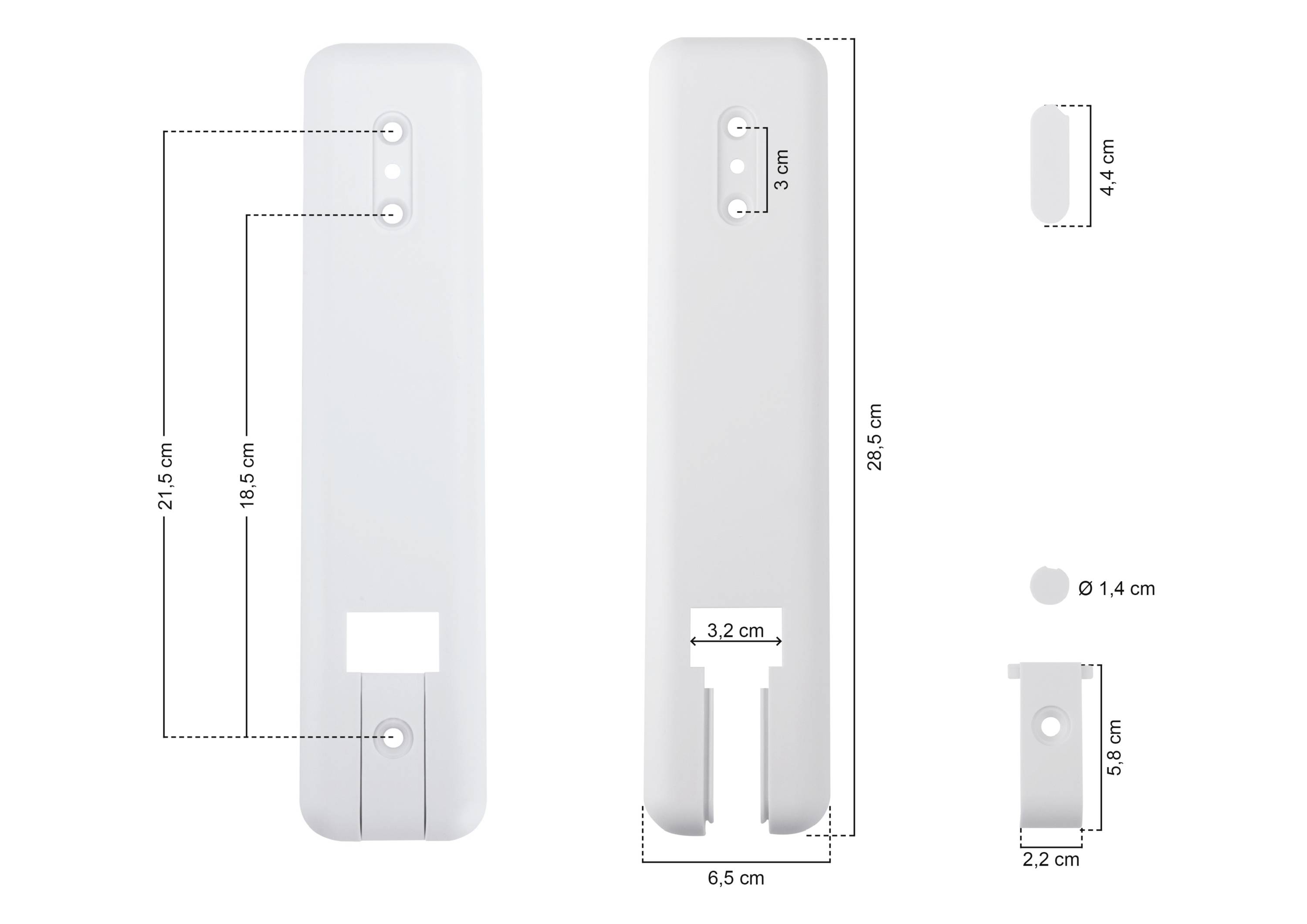 Dva bílé plastové díly s rozměry v centimetrech. Levý díl: 21,5 x 7 cm, pravoúhlý výřez dole. Pravý díl: 28,5 x 6,5 cm, U-tvarový výřez dole.