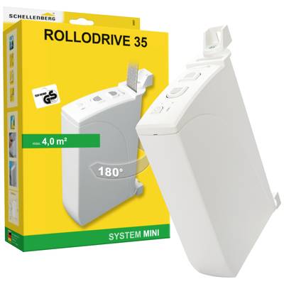 Balení Schellenberg Rollodrive 35, vhodné pro rolety do 4 m². Zobrazuje zařízení s ovládacími tlačítky a instalačními úchyty.