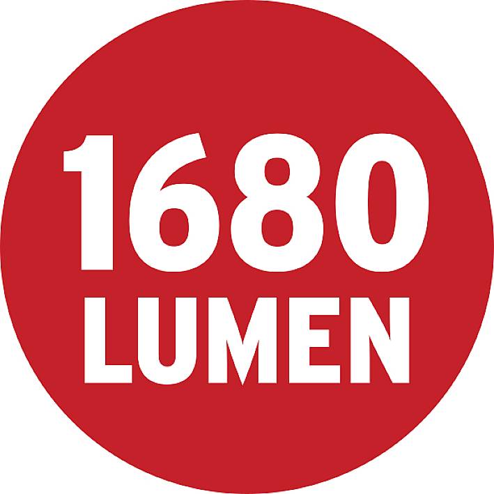 Červený kruh s bílým textem '1680 Lumenů'.