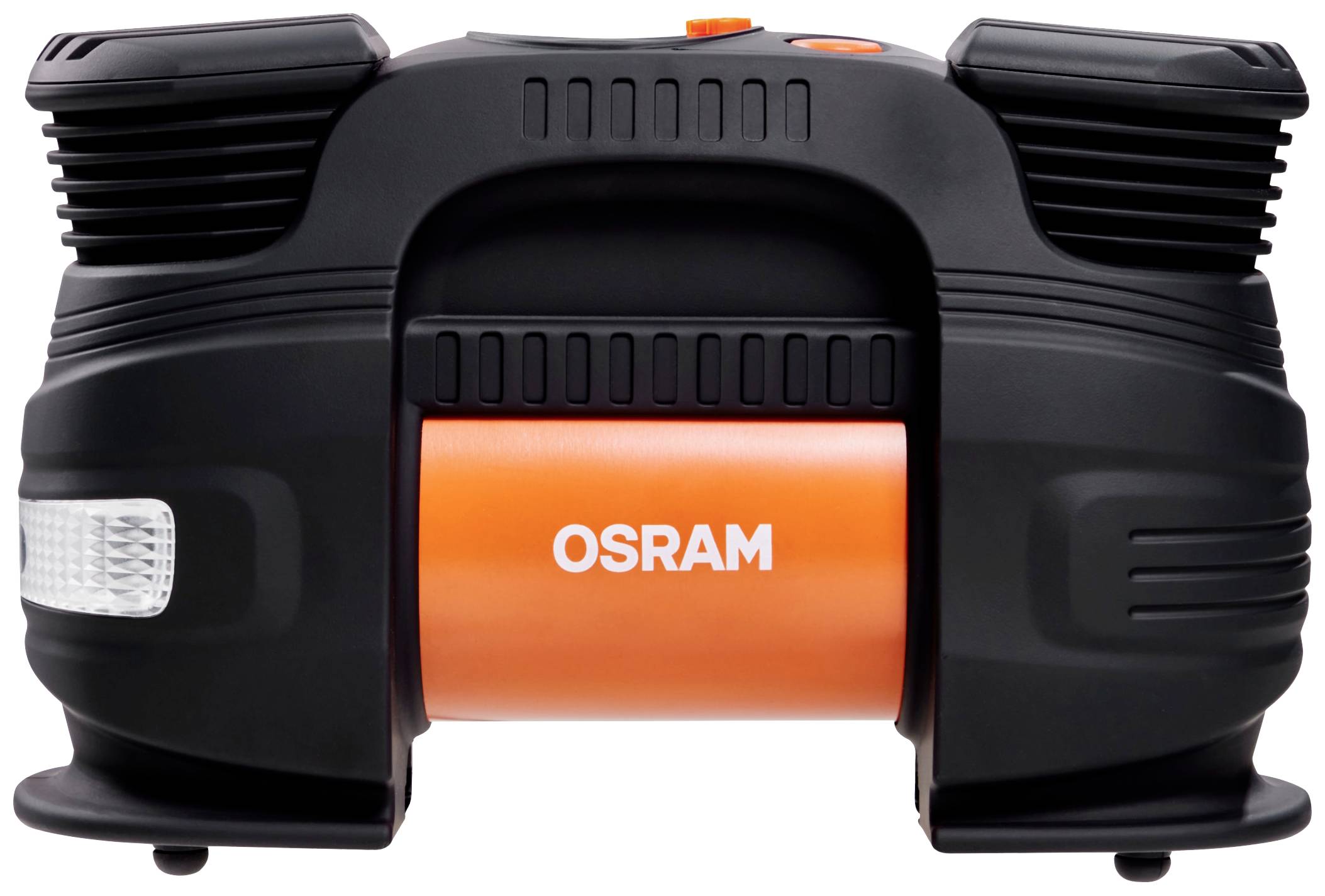 Elektrický kompresor na pneumatiky v černé a oranžové barvě s nápisem 'OSRAM' uprostřed. Vhodný pro nafukování automobilových pneumatik.