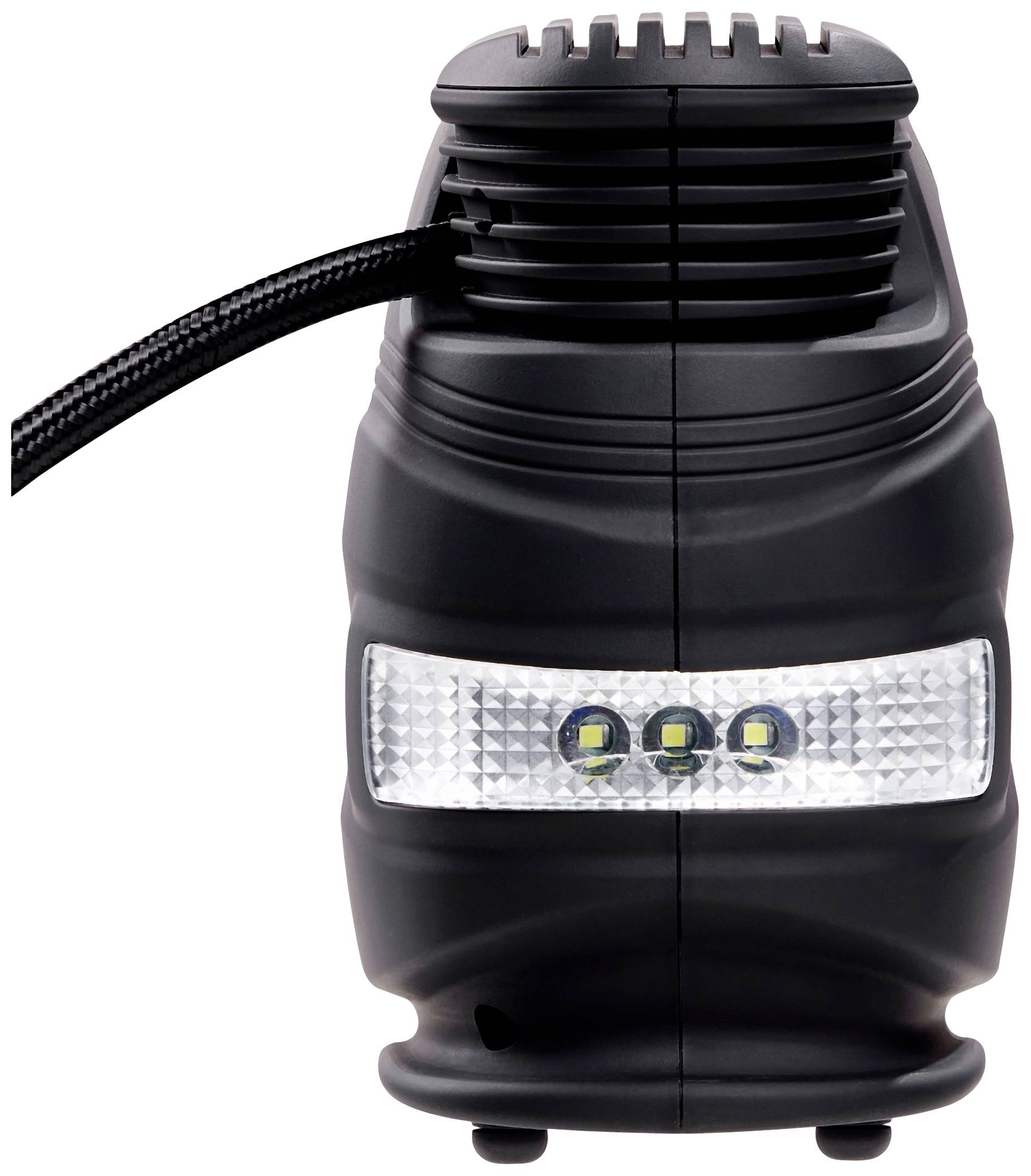 Černá elektrická vzduchová pumpa s integrovaným LED světlem, vhodná pro použití v domácnosti i při cestování, kompaktní a přenosná.