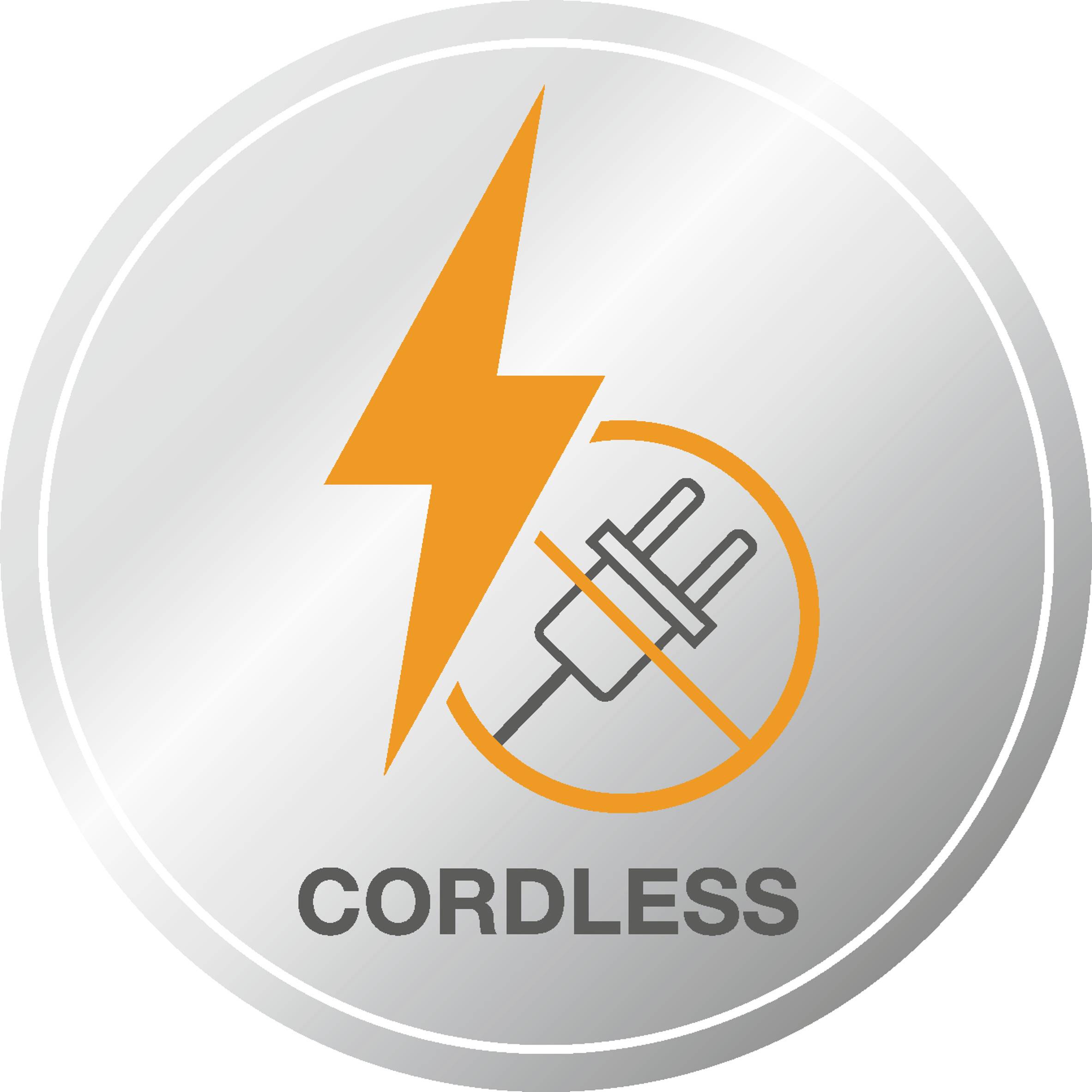 Symbol elektrického výboje a přeškrtnutého konektoru se slovem 'Cordless', který poukazuje na bezdrátový provoz.