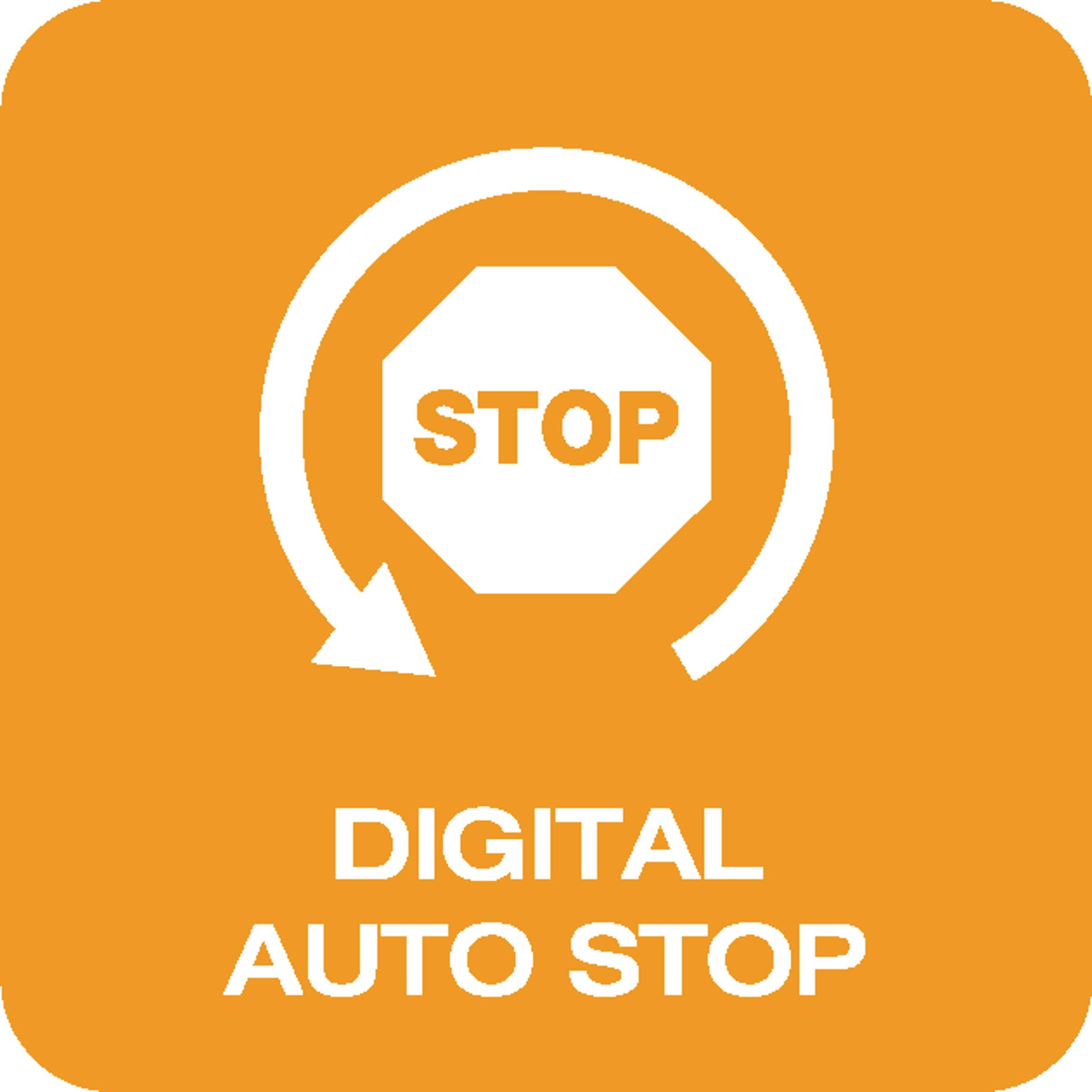 Oranžový symbol s textem 'STOP' v osmihranném znamení, obklopený kruhovým šipkou a pod ním napsáno 'DIGITÁLNÍ AUTO STOP'.