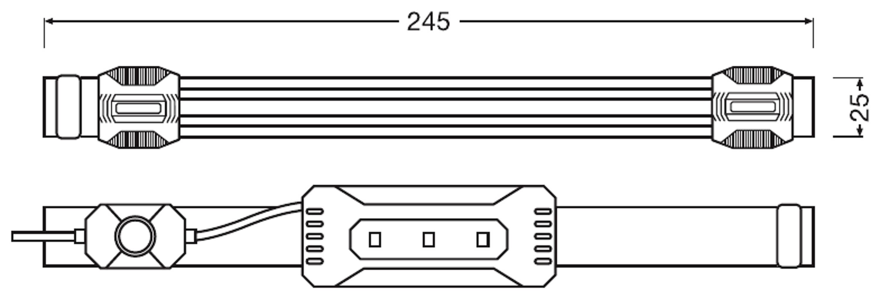 Technický výkres LED trubice s rozměry: délka 245 mm, průměr 25 mm. Zobrazuje přípojky a vnitřní komponenty.