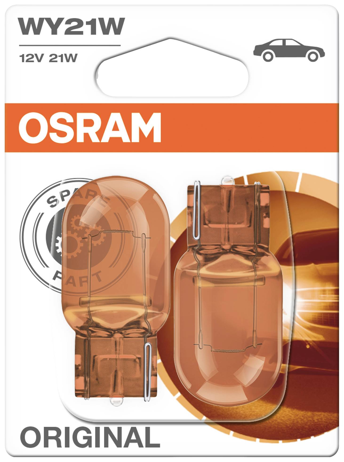 Balení autolampy 'OSRAM WY21W' se dvěma oranžovými žárovkami, vhodné pro 12V 21W, zobrazené před oranžovým designem.