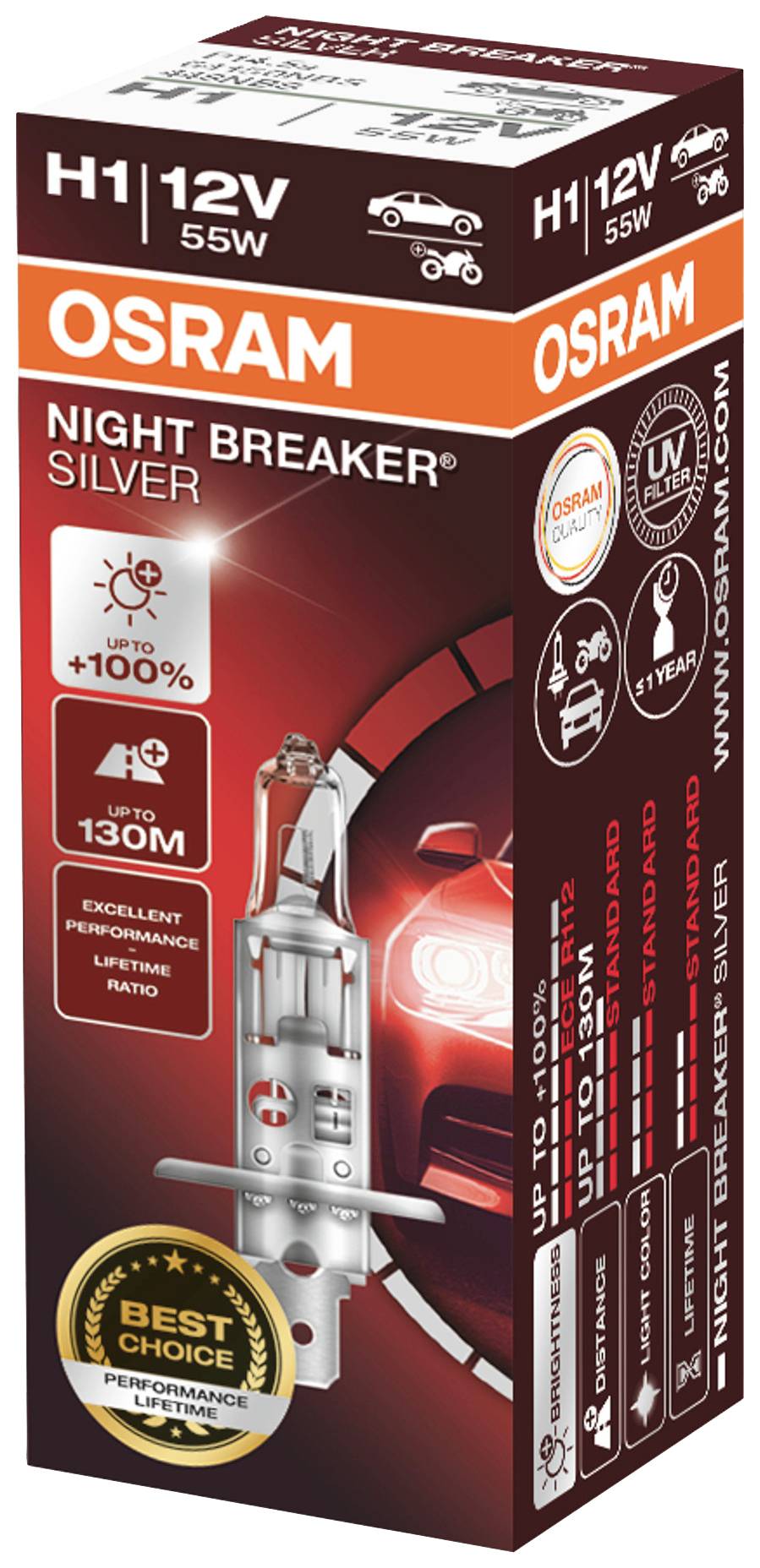 Balení žárovky OSRAM H1 12V 55W Night Breaker Silver. Údaje o až 100% vyšší svítivosti a 130m větším dosahu.