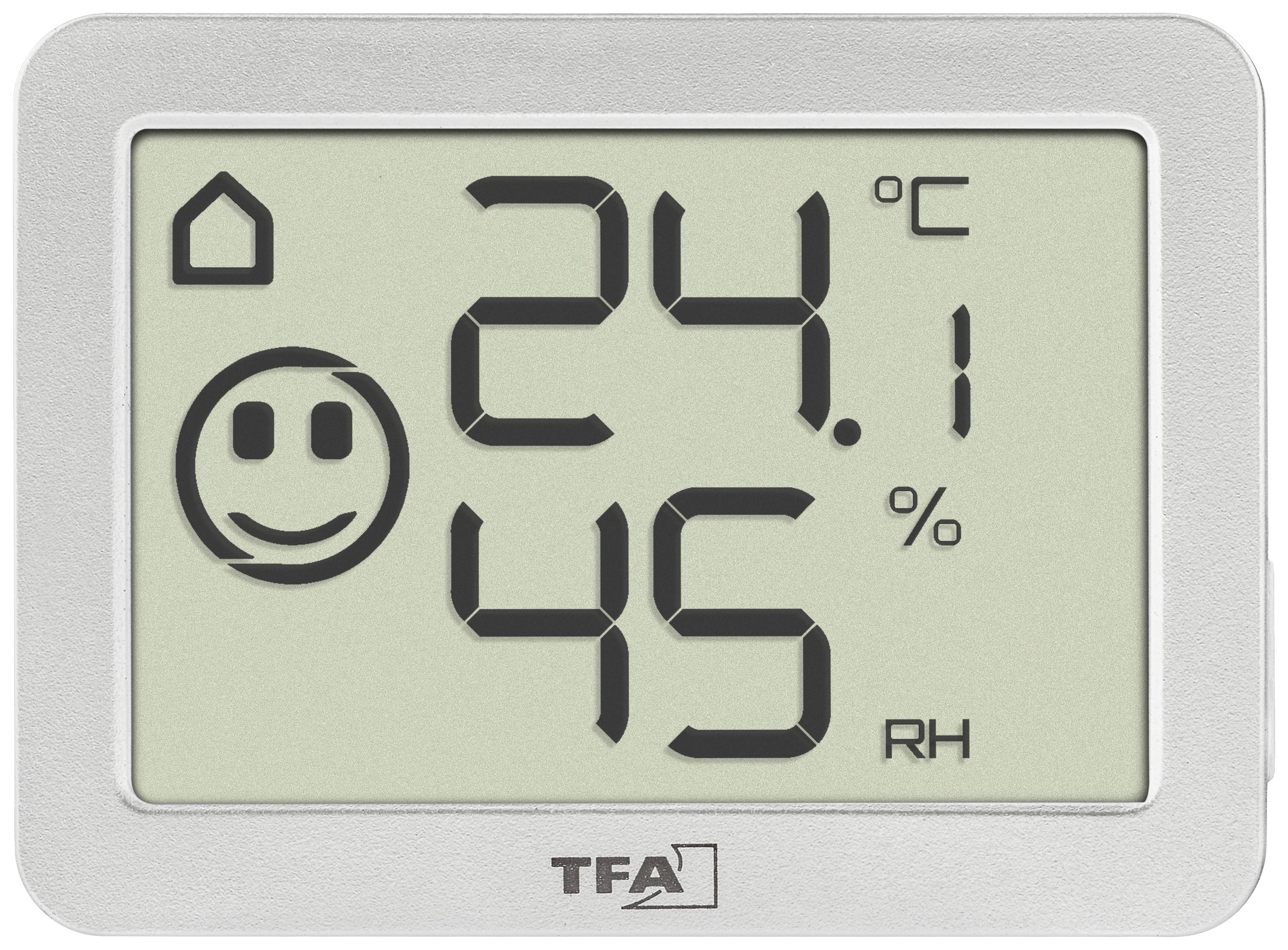 Digitální termo-hygrometr ukazuje 24,1°C a 45% vlhkosti vzduchu, s úsměvným obličejem značícím příjemné vnitřní klima.