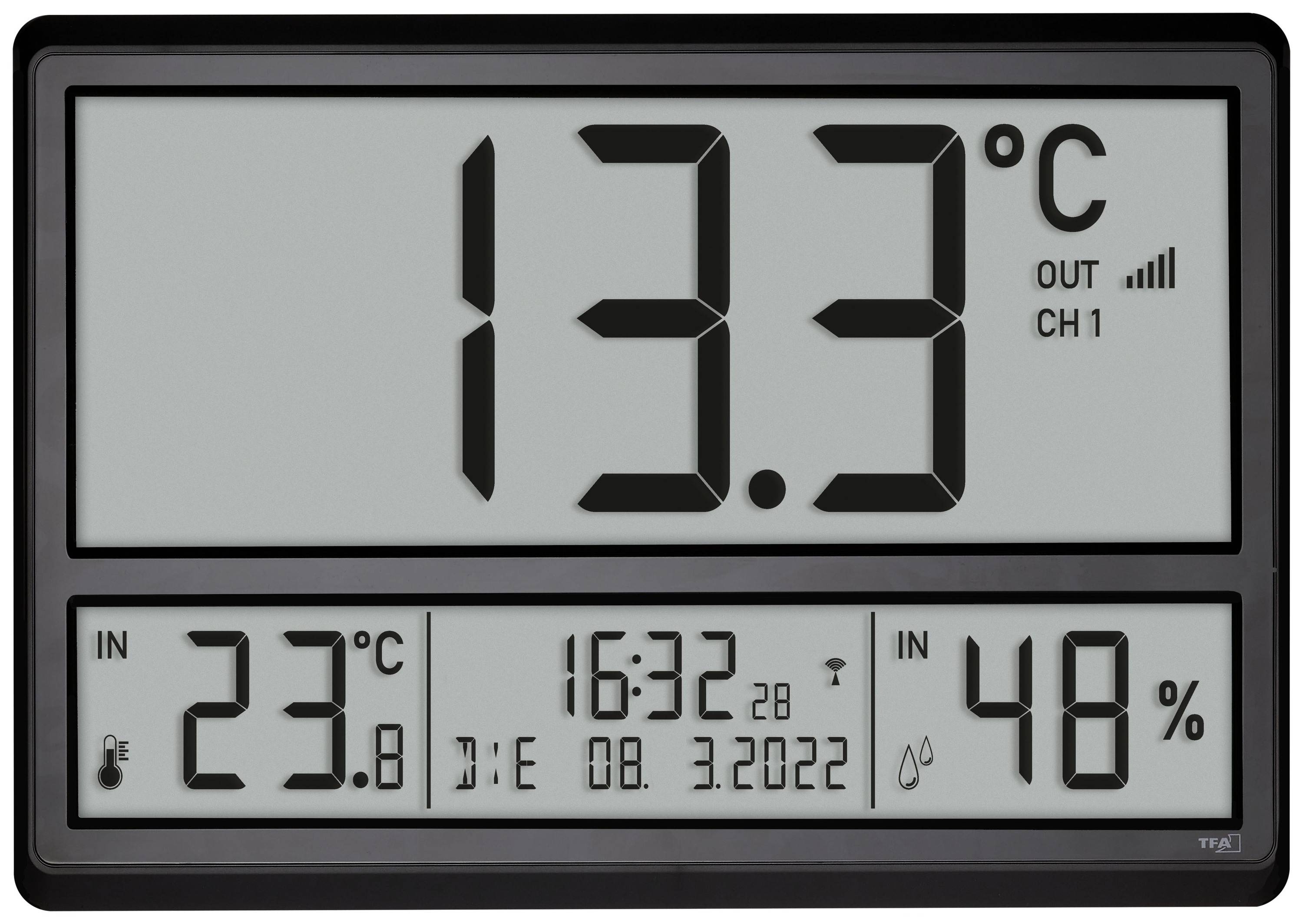 Digitální teploměr ukazuje venkovní teplotu 13,3°C, vnitřní teplotu 23°C, čas 16:32 a vlhkost vzduchu 48%.