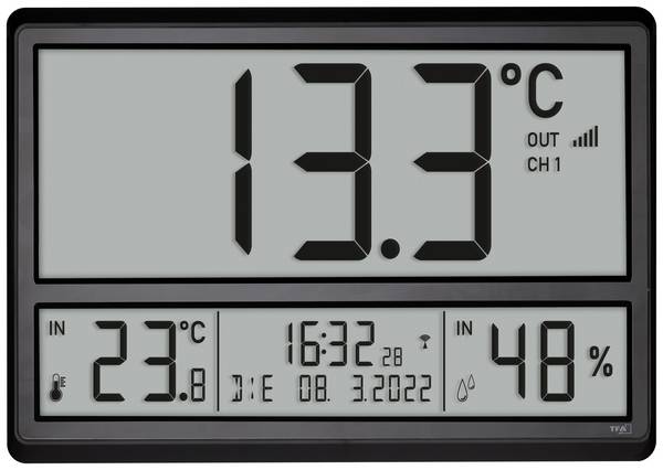 TFA Dostmann 60.4523.01 DCF nástěnné hodiny 36 cm x 23.5 cm x 2.8 cm, černá, velký displej