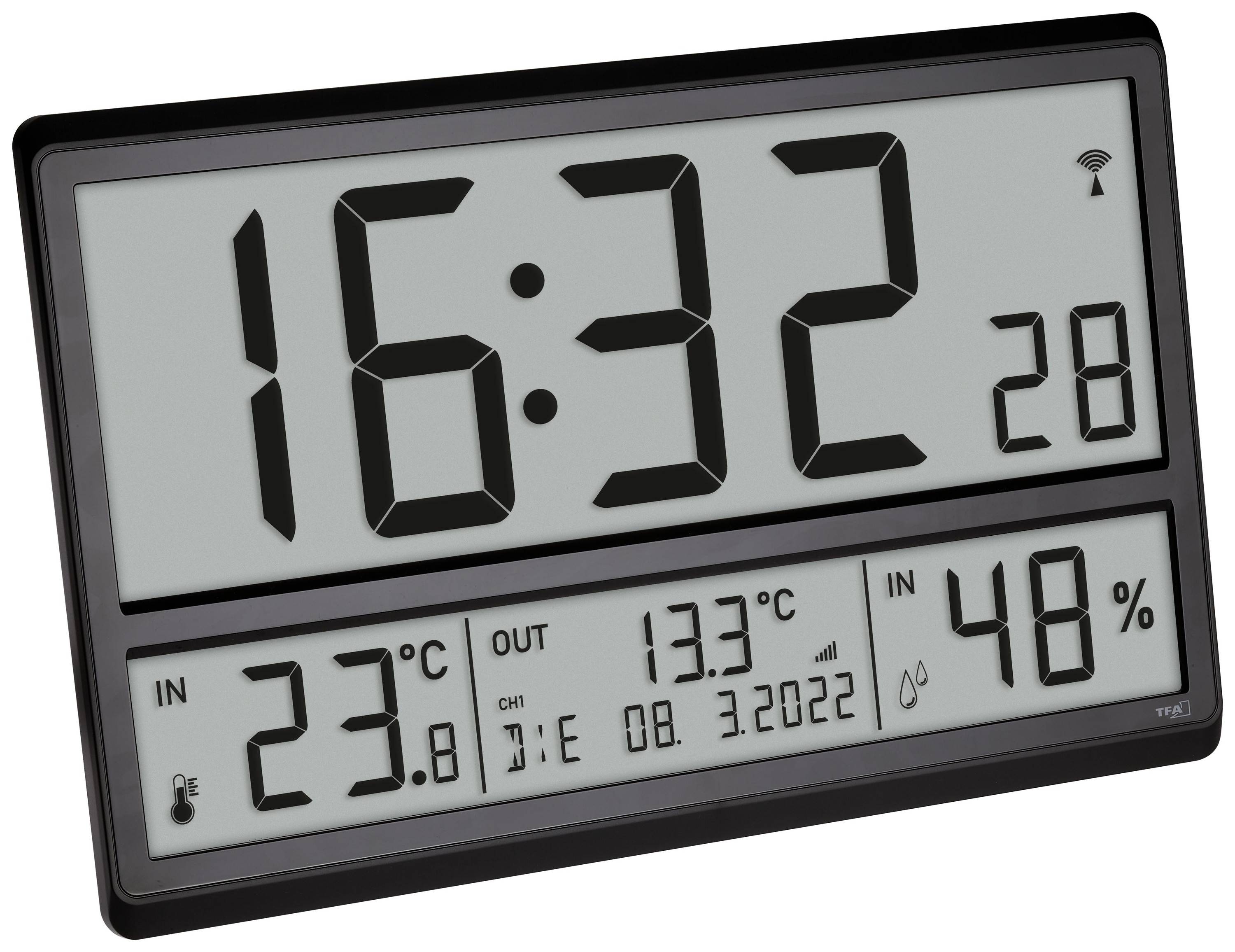 Digitální nástěnné hodiny ukazují 16:32, 28. den. Vnitřní teplota je 23,8°C, venkovní teplota 13,3°C. Vlhkost vzduchu je 48%.