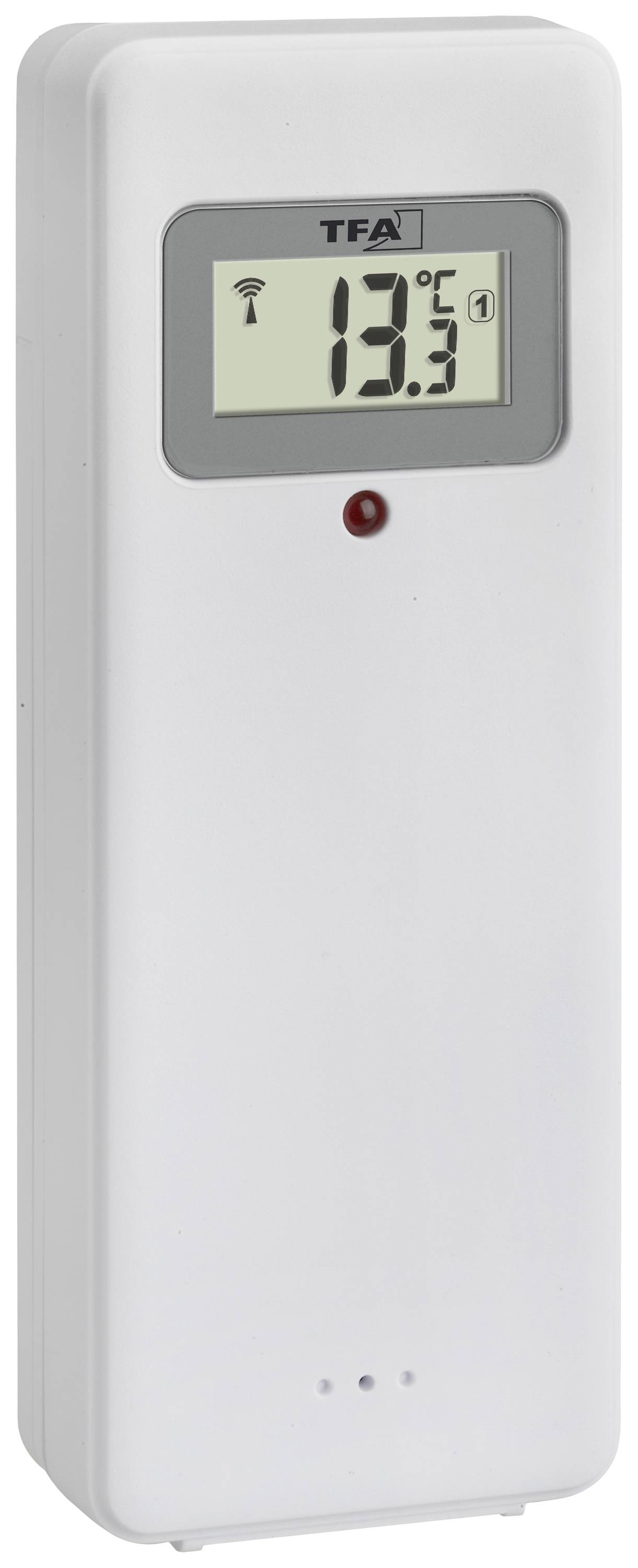 Bílý digitální teploměr zobrazuje '13,5 °C' na LCD displeji. Vlevo nahoře je symbol bezdrátového připojení.