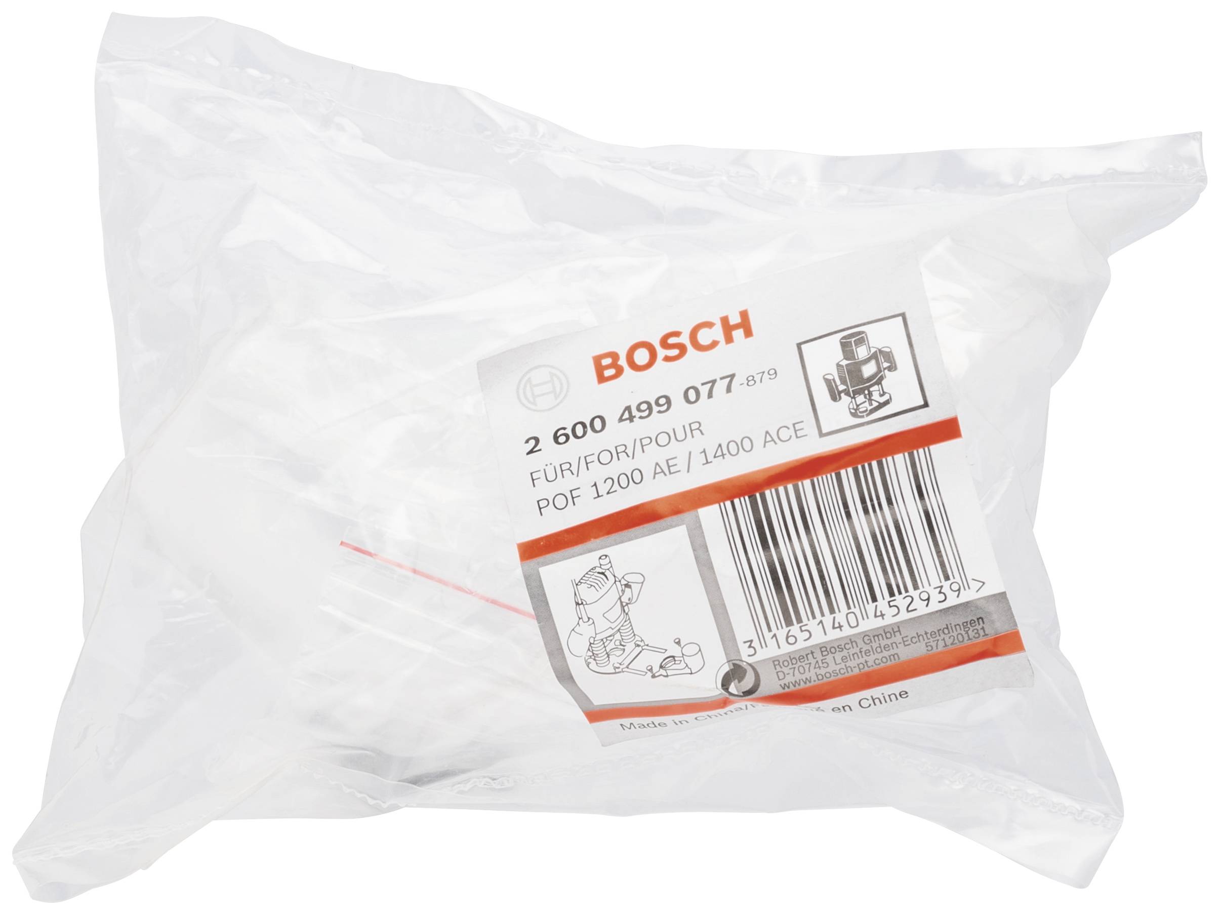 Plastový sáček s etiketou Bosch, která uvádí modelové číslo a kompatibilitu pro nástroje, jako je POF 1200 AE.