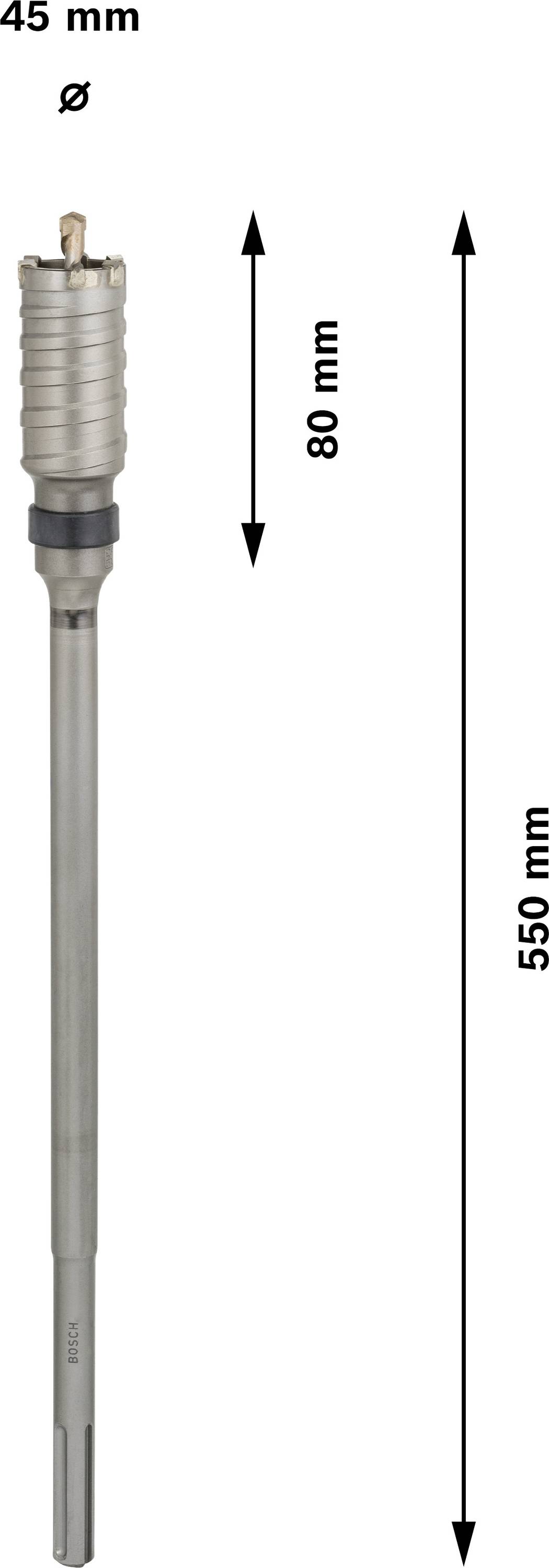 Vrtací korunka s průměrem 45 mm a délkou 550 mm. Nahoře se nacházejí spirálové řezné hrany.