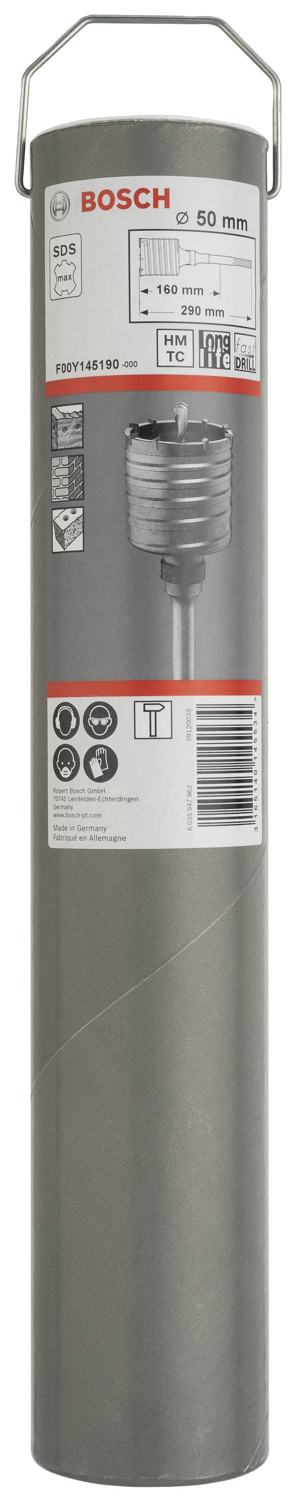 Válcový obal od Bosche zobrazující 50mm vrtací bit. Etikety obsahují technické detaily a diagramy.
